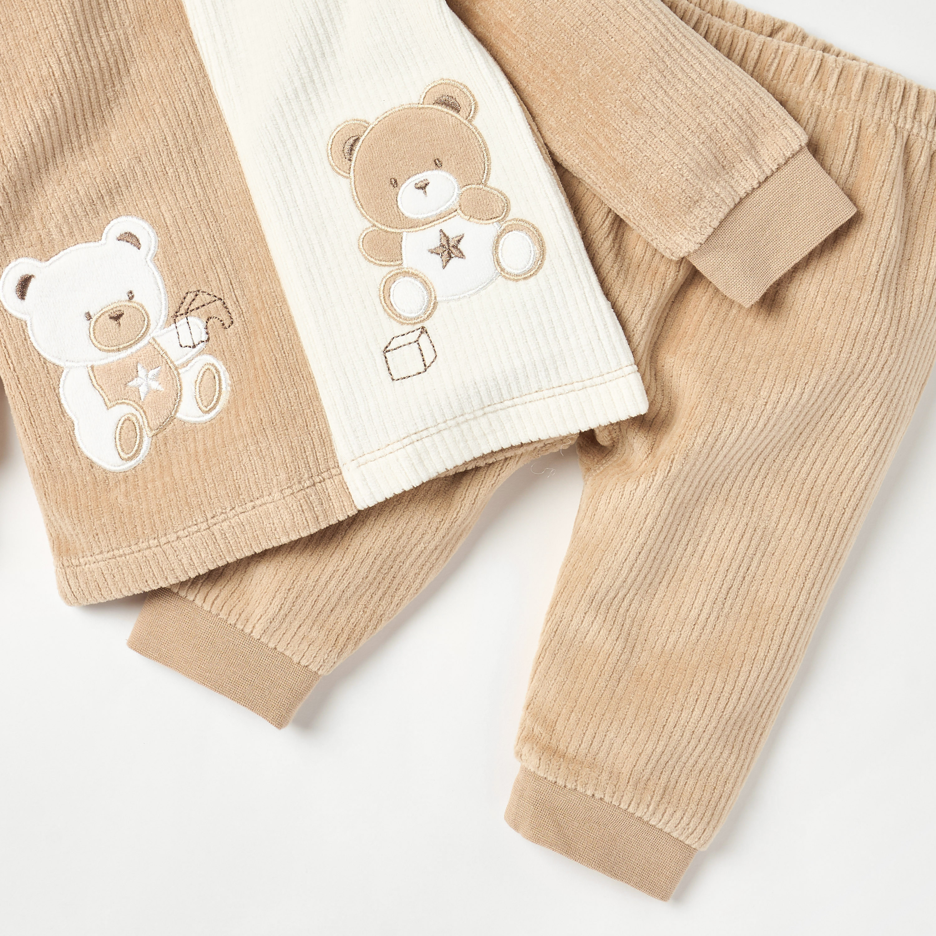 Juniors Bear Applique Velour Long Sleeve T-shirt and Elasticated Pyjama Set-baby-boys-clothing-nightwear-pyjamasets-image-5