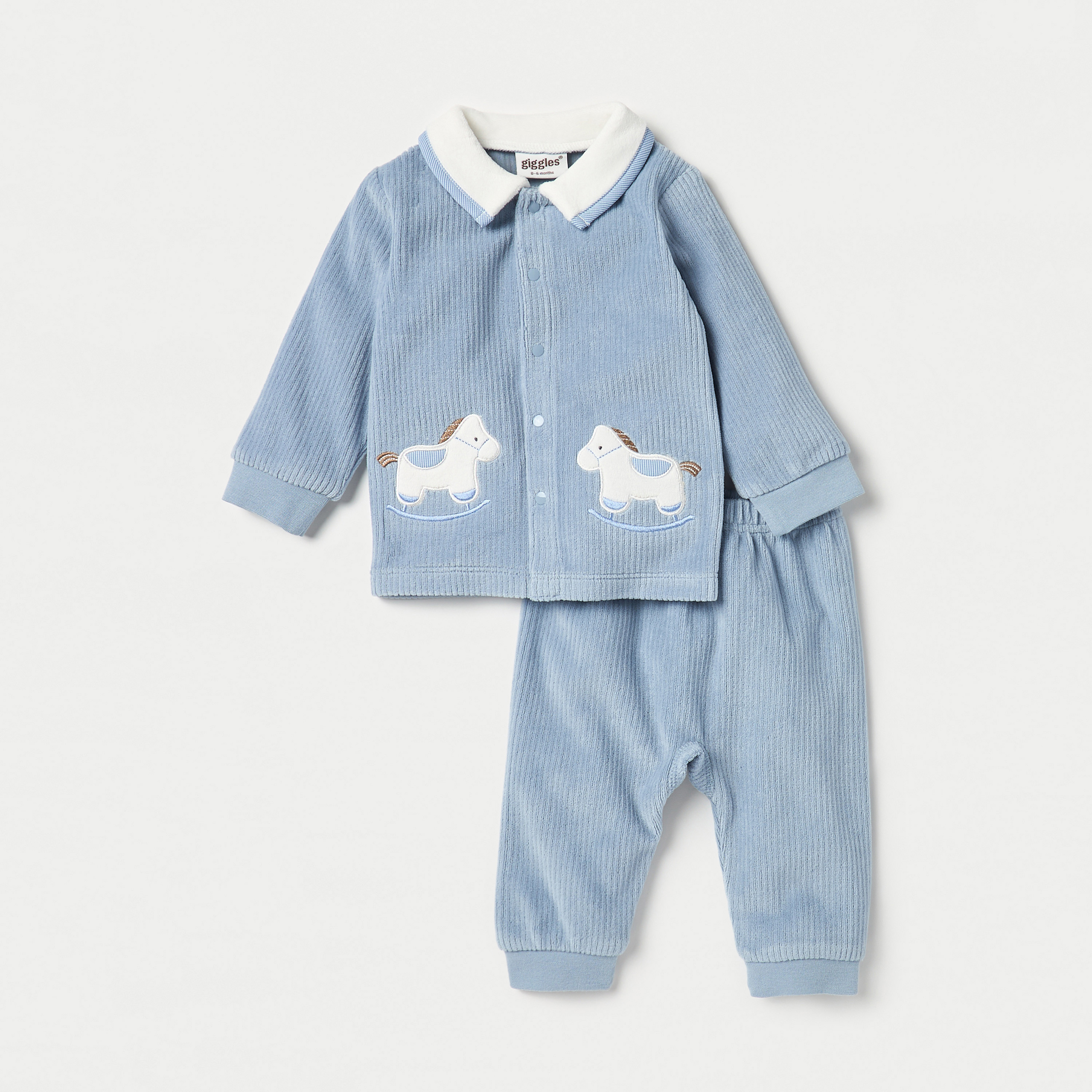 Giggles Rocking Horse Applique Long Sleeves Shirt and Velour Pyjama Set-baby-boys-clothing-nightwear-pyjamasets-image-1