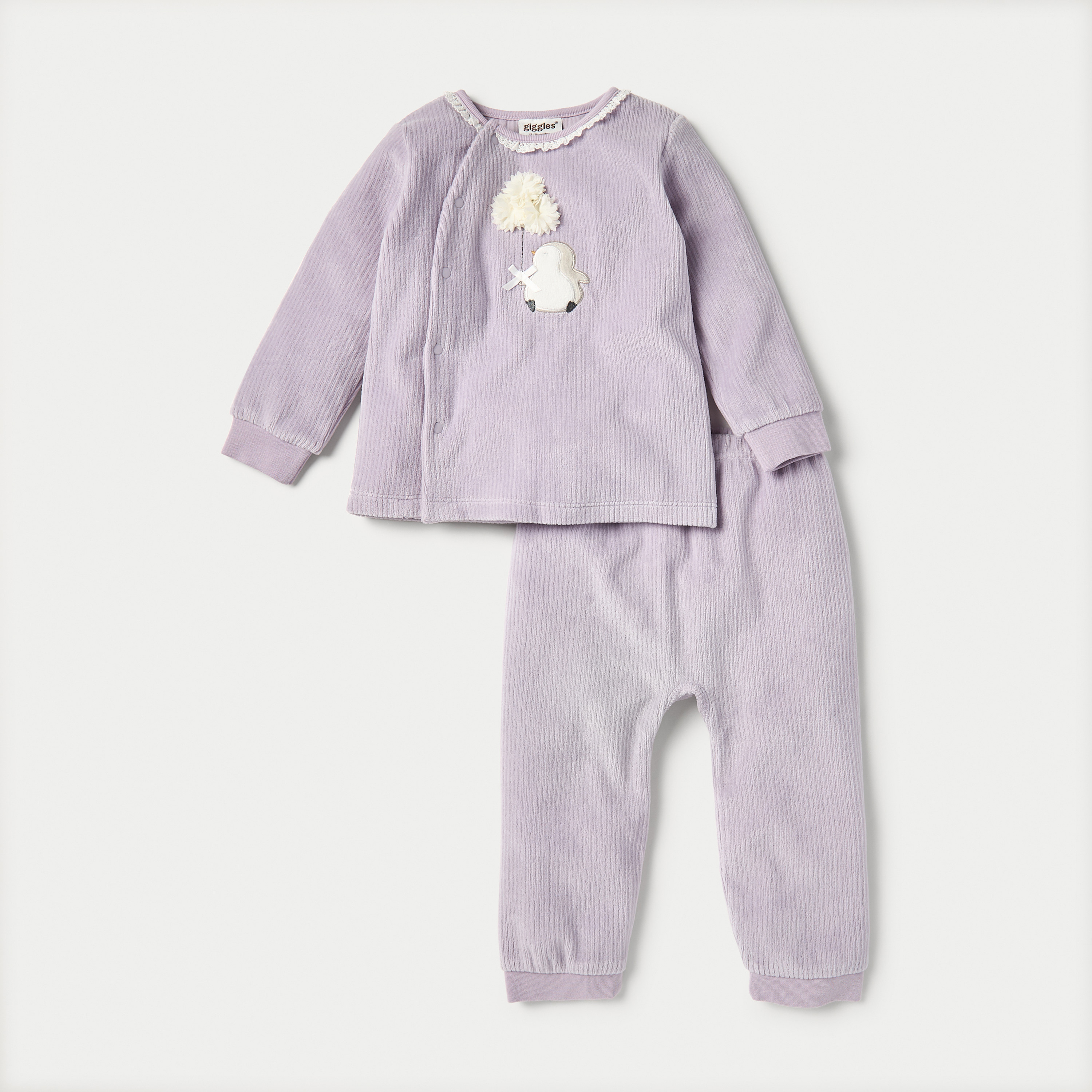 طقم قميص بأكمام طويلة وزخارف بطريق وبنطلون بيجاما قطيفة من جيجلز-baby-girls-clothing-nightwear-pyjamasets-image-1