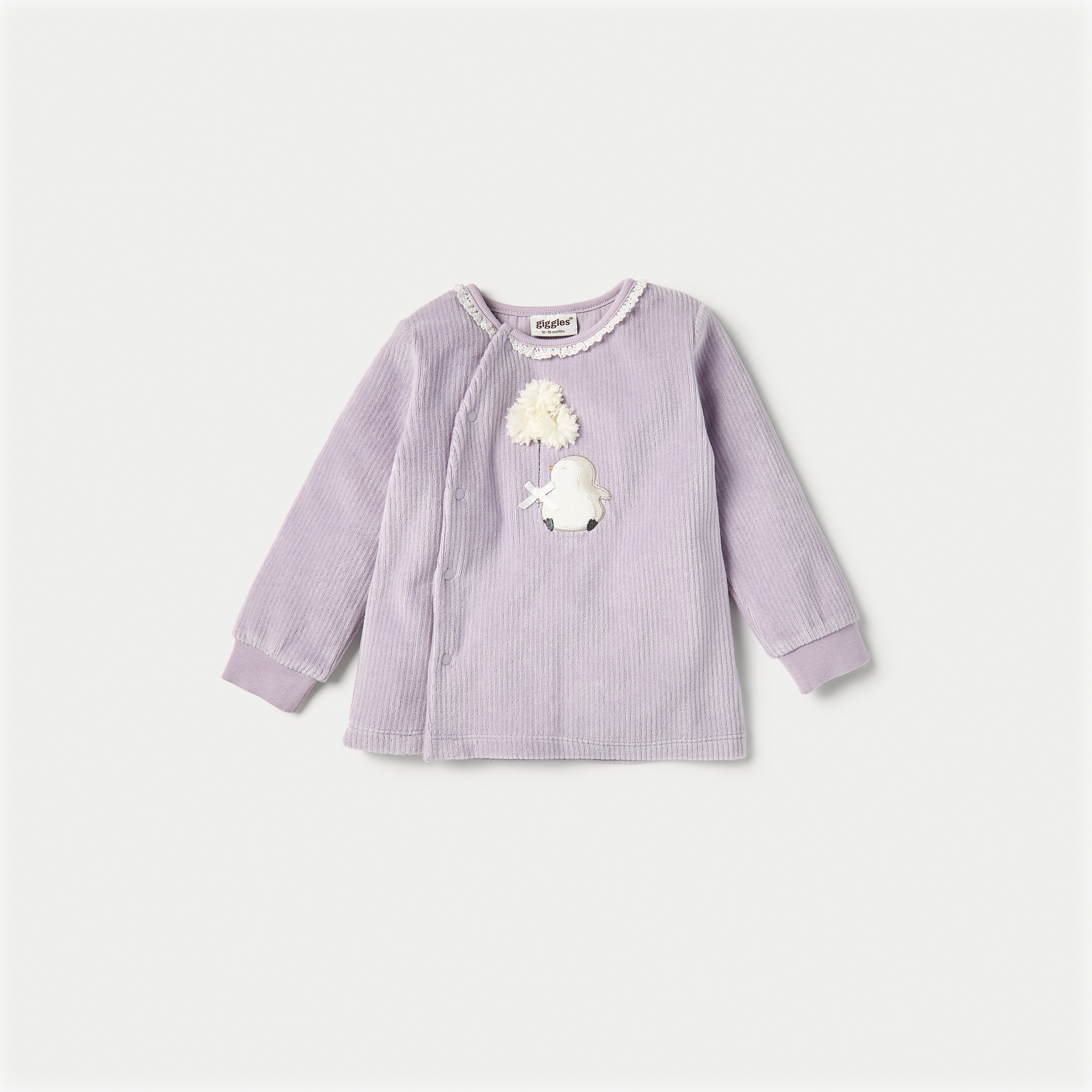 طقم قميص بأكمام طويلة وزخارف بطريق وبنطلون بيجاما قطيفة من جيجلز-baby-girls-clothing-nightwear-pyjamasets-image-2