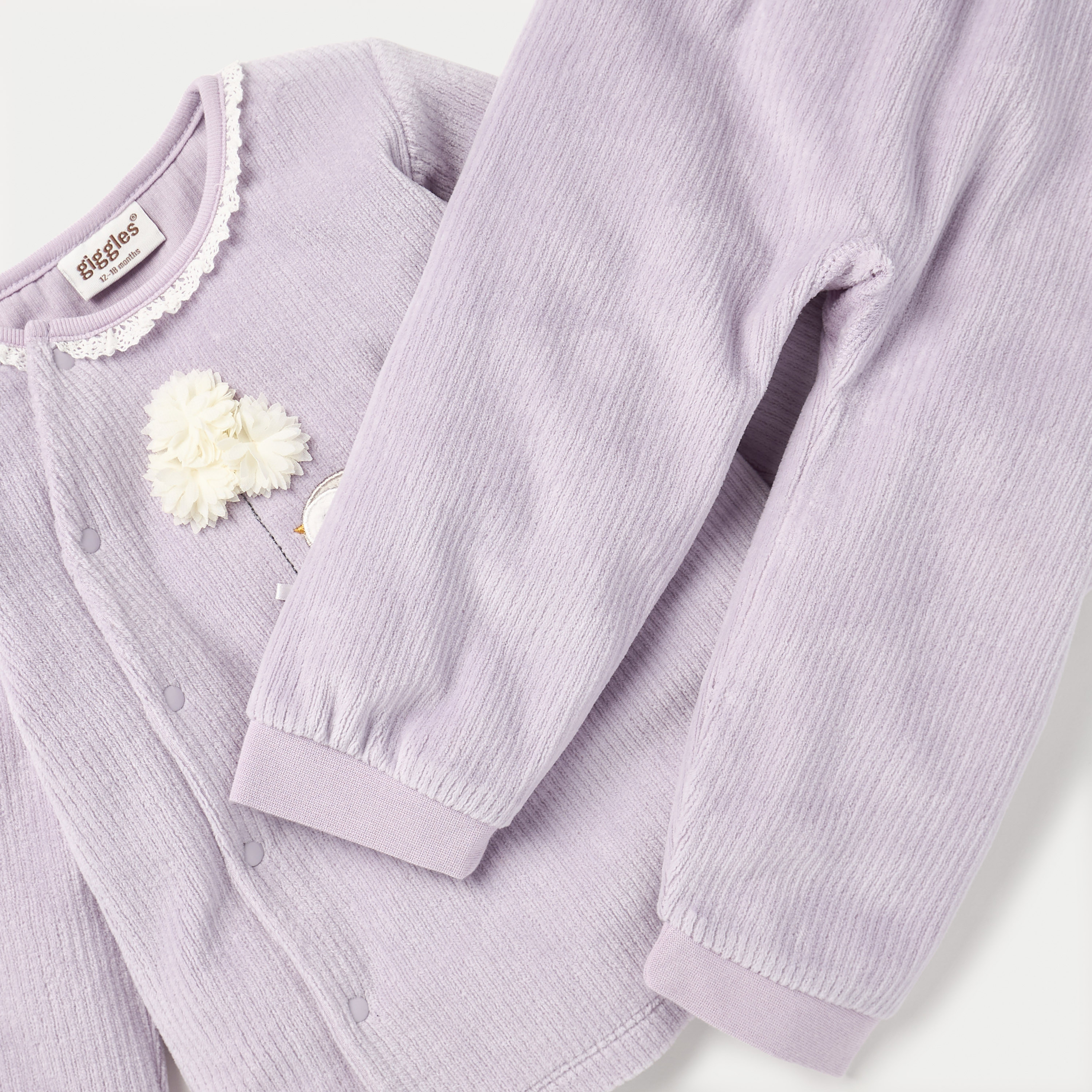طقم قميص بأكمام طويلة وزخارف بطريق وبنطلون بيجاما قطيفة من جيجلز-baby-girls-clothing-nightwear-pyjamasets-image-5
