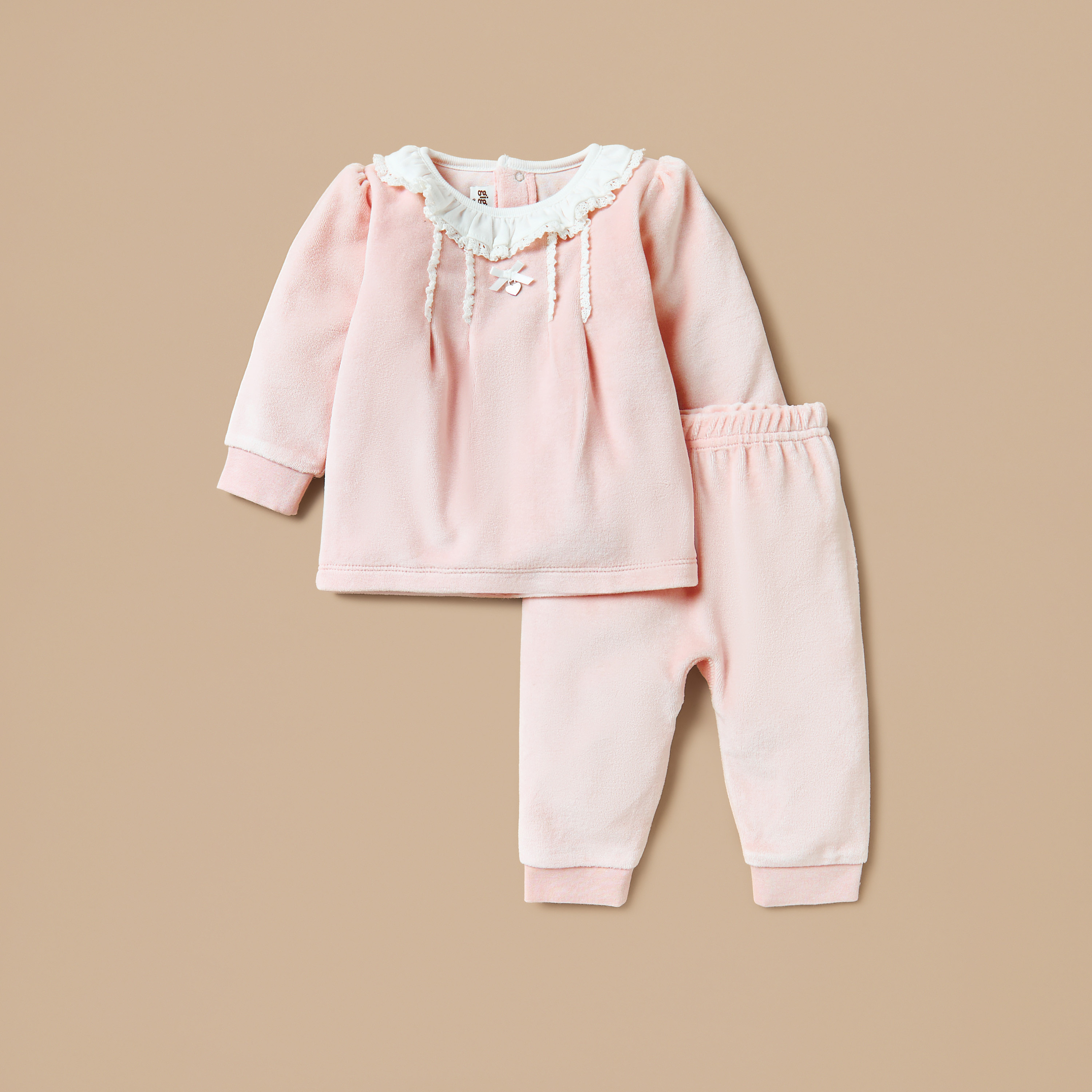 Giggles Lace Accent Velour Top and Pyjama Set-baby-girls-clothing-nightwear-pyjamasets-image-1