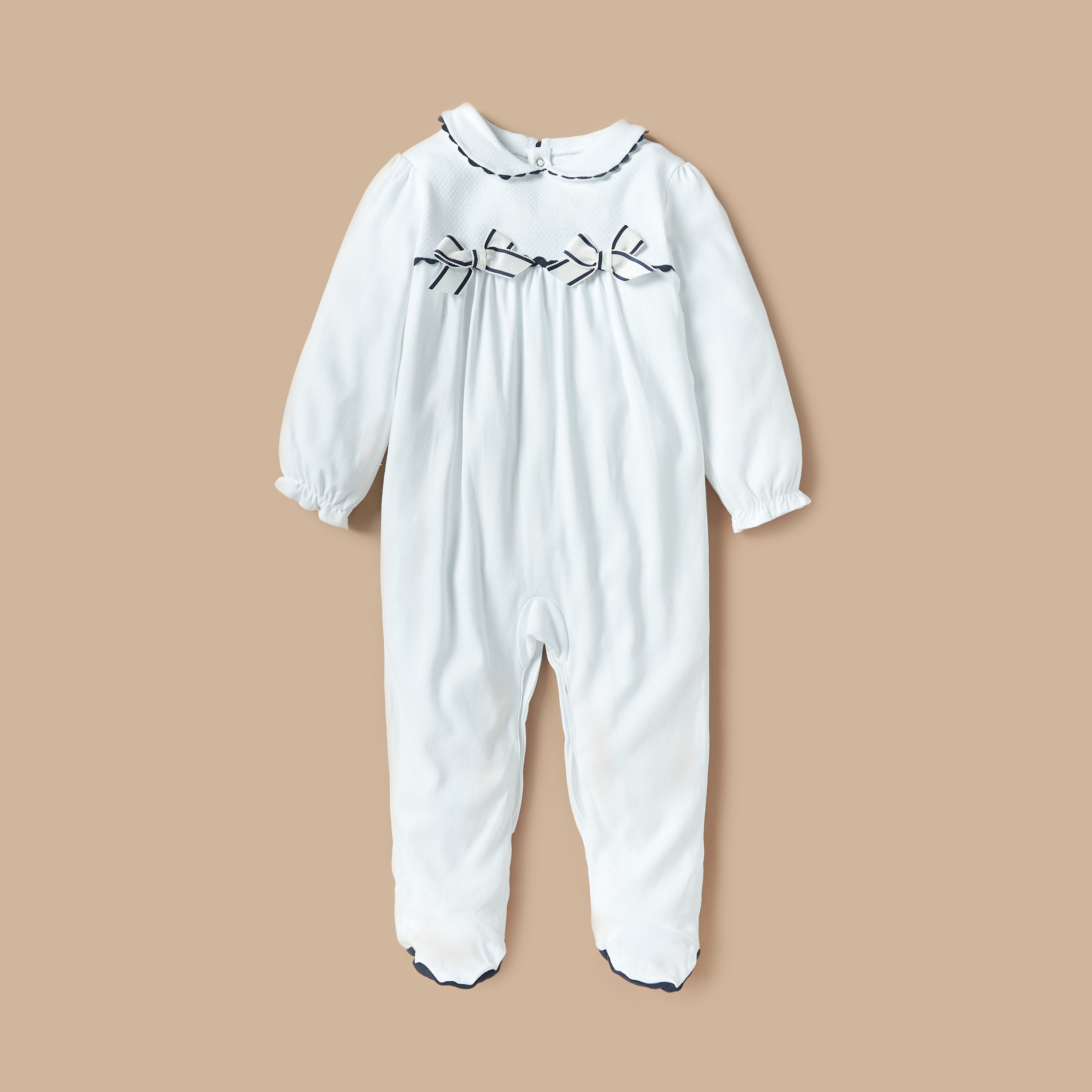 Giggles Solid Sleepsuit with Peter Pan Collar and Bow Detail-baby-girls-clothing-nightwear-sleepsuits-image-1