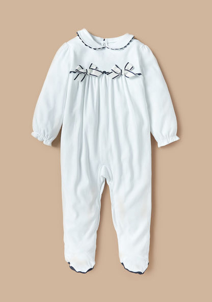 Giggles Solid Sleepsuit with Peter Pan Collar and Bow Detail-Sleepsuits-image-0