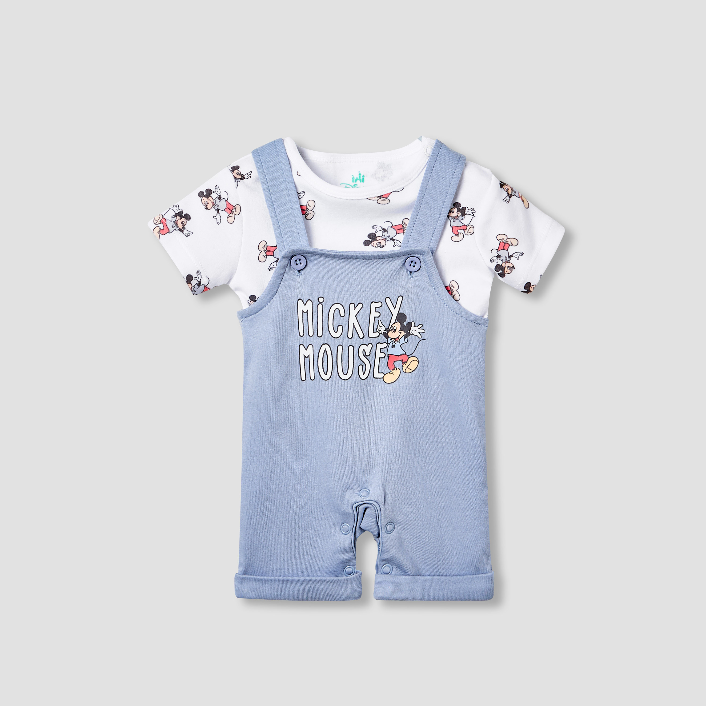 Disney Mickey Mouse Print T-shirt and Dungaree Set-boys-clothing-rompersanddungarees-image-1