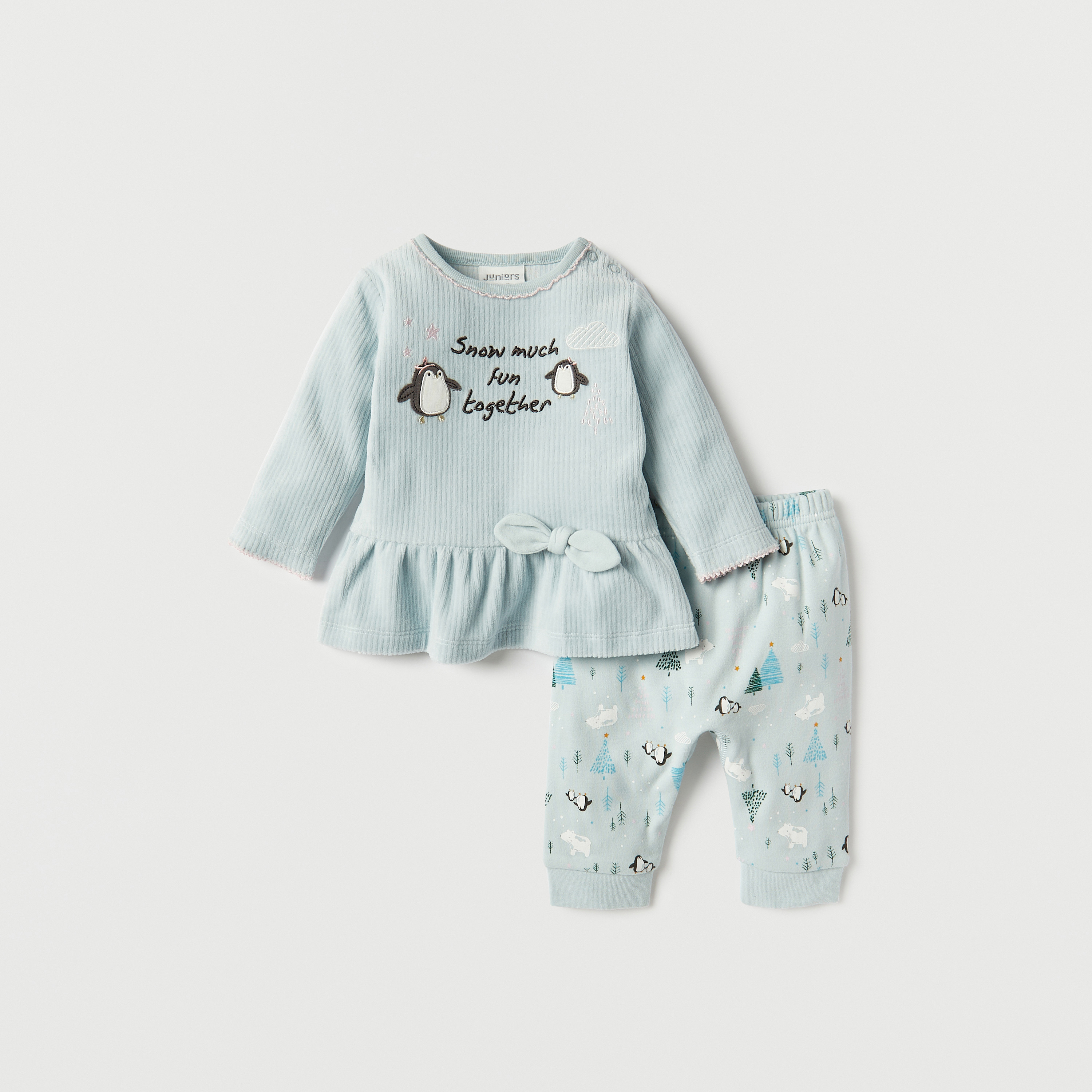 Juniors Penguin Embroidered Long Sleeves T-shirt and Elasticated Pyjama Set-baby-girls-clothing-nightwear-pyjamasets-image-1