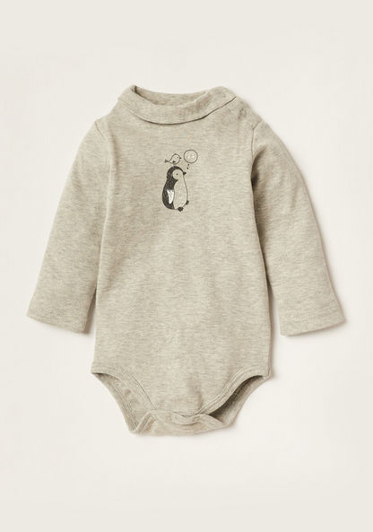 Giggles Penguin Print Bodysuit with Long Sleeves and Snap Button Closure