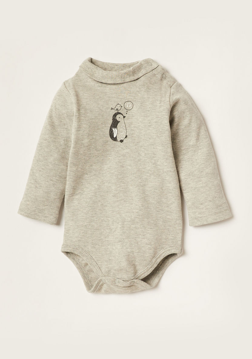 Giggles Penguin Print Bodysuit with Long Sleeves and Snap Button Closure-Bodysuits-image-0