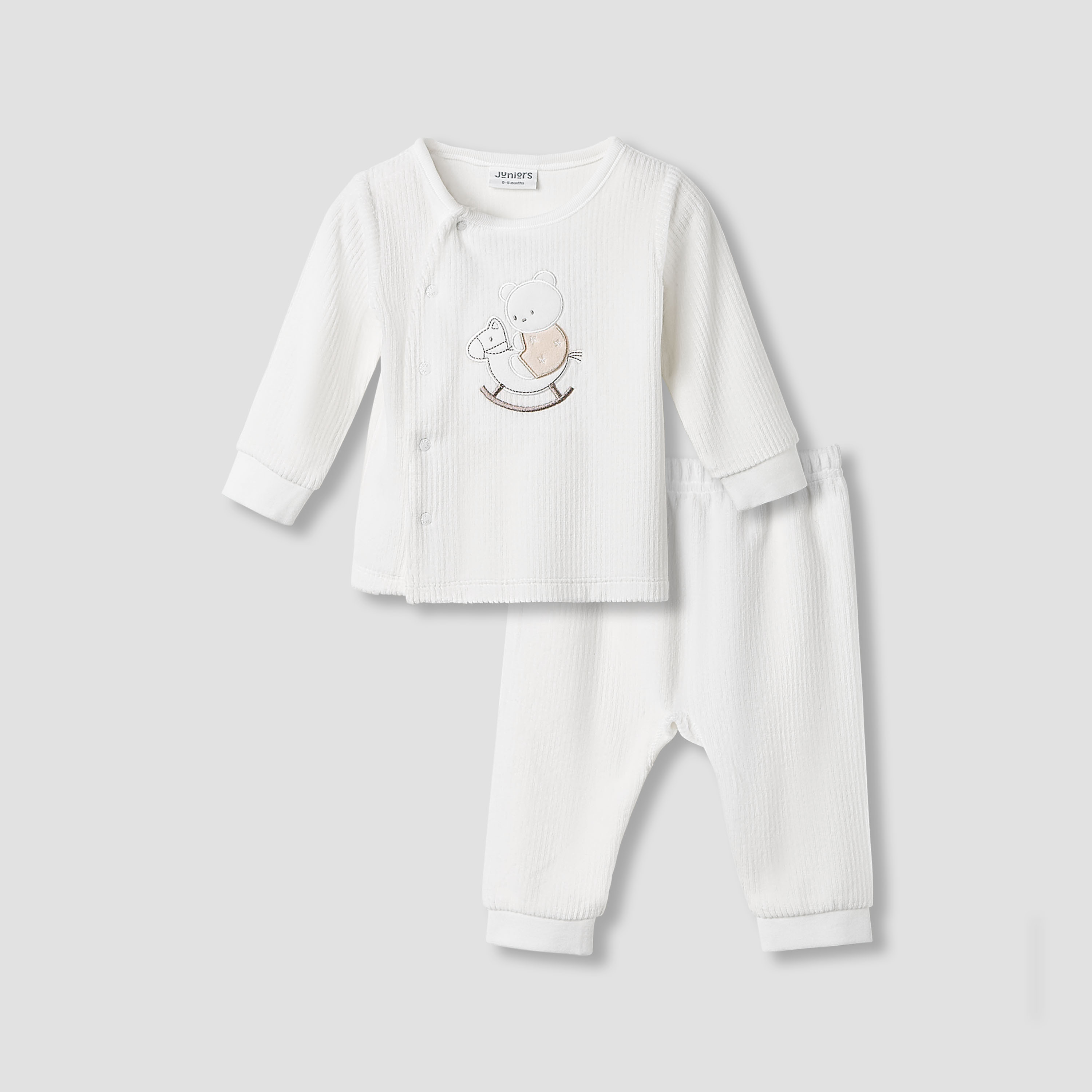 Juniors Pyjama Set with Bear Applique - Velour - Long Sleeves - Round Neck-baby-boys-clothing-winterwear-setsandcoords-image-1