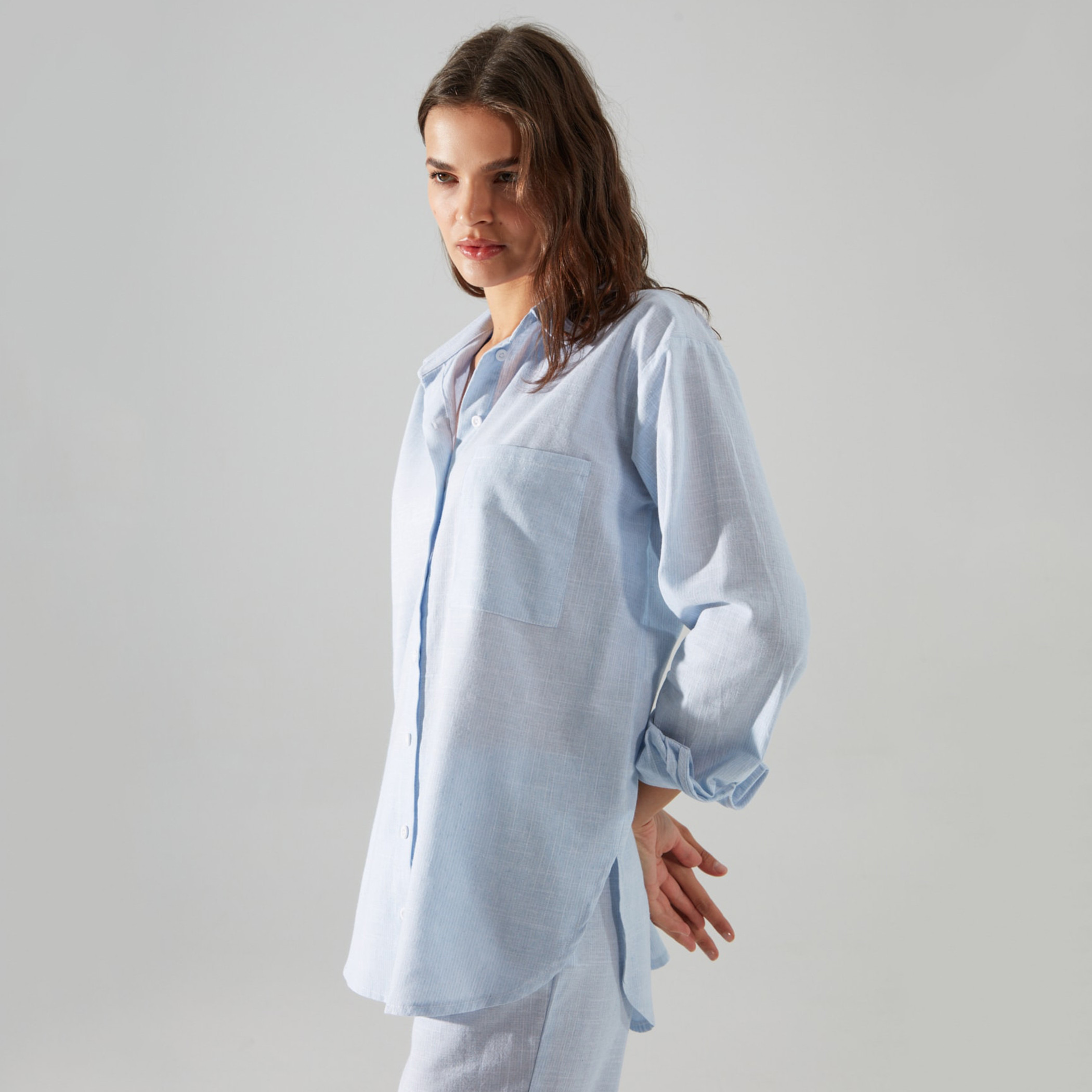 Trendyol Women Solid Collared Shirt-Pyjama Set-women-clothing-nightwear-pyjamas-longsets-image-2