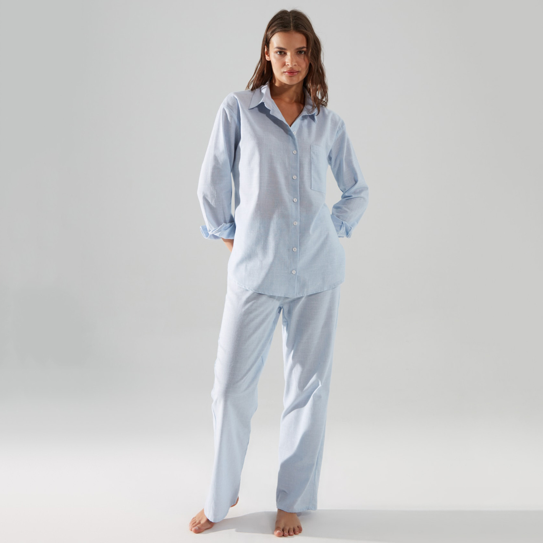Trendyol Women Solid Collared Shirt-Pyjama Set-women-clothing-nightwear-pyjamas-longsets-image-3