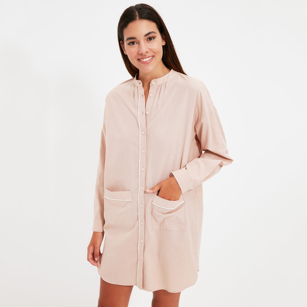 ترينديول اللون البيج قصير فستان-women-clothing-dresses-image-1