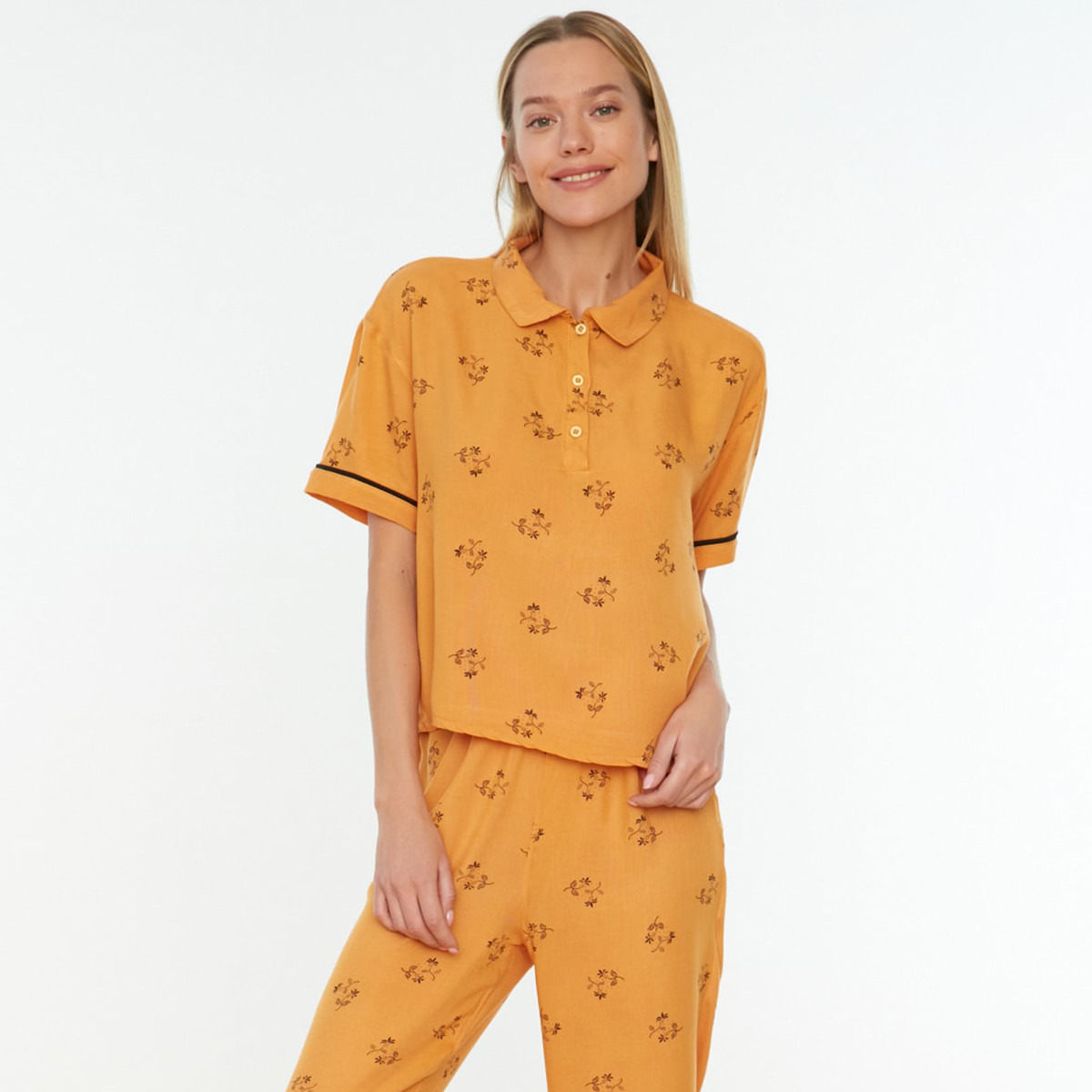 Trendyol Women Printed Polo T-Shirt-Pyjama Set-women-clothing-nightwear-pyjamas-longsets-image-5