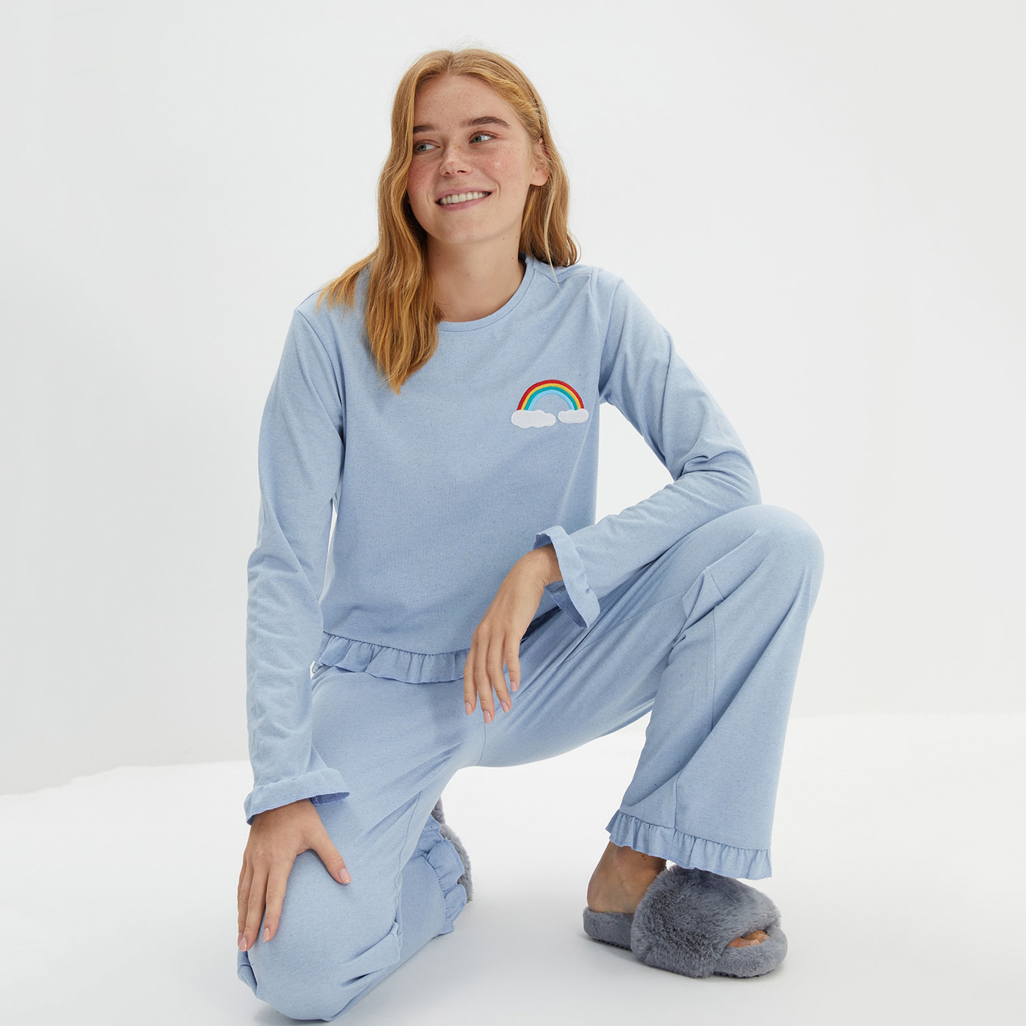 Trendyol Women Embroidered Sleepwear T-Shirt-Pyjama Set-women-clothing-nightwear-pyjamas-longsets-image-3