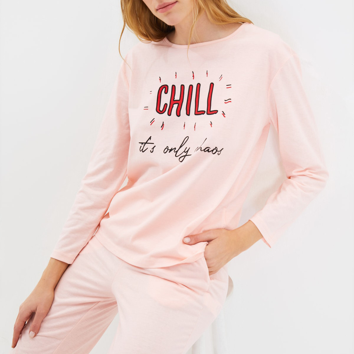 Set of 2 Trendyol Women Slogan Long Sleeves T-Shirt with Pyjama-women-clothing-nightwear-pyjamas-longsets-image-1