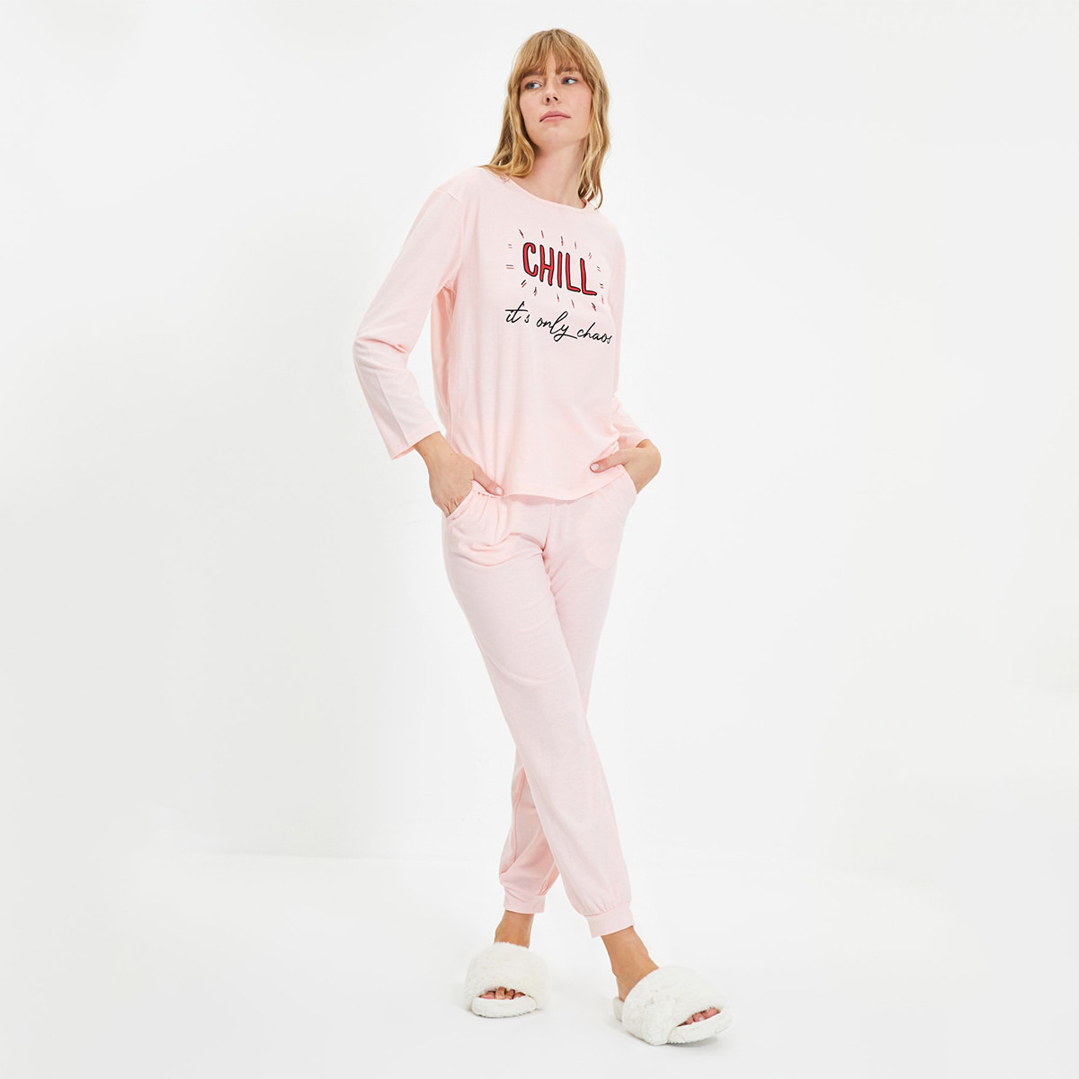 Set of 2 Trendyol Women Slogan Long Sleeves T-Shirt with Pyjama-women-clothing-nightwear-pyjamas-longsets-image-5