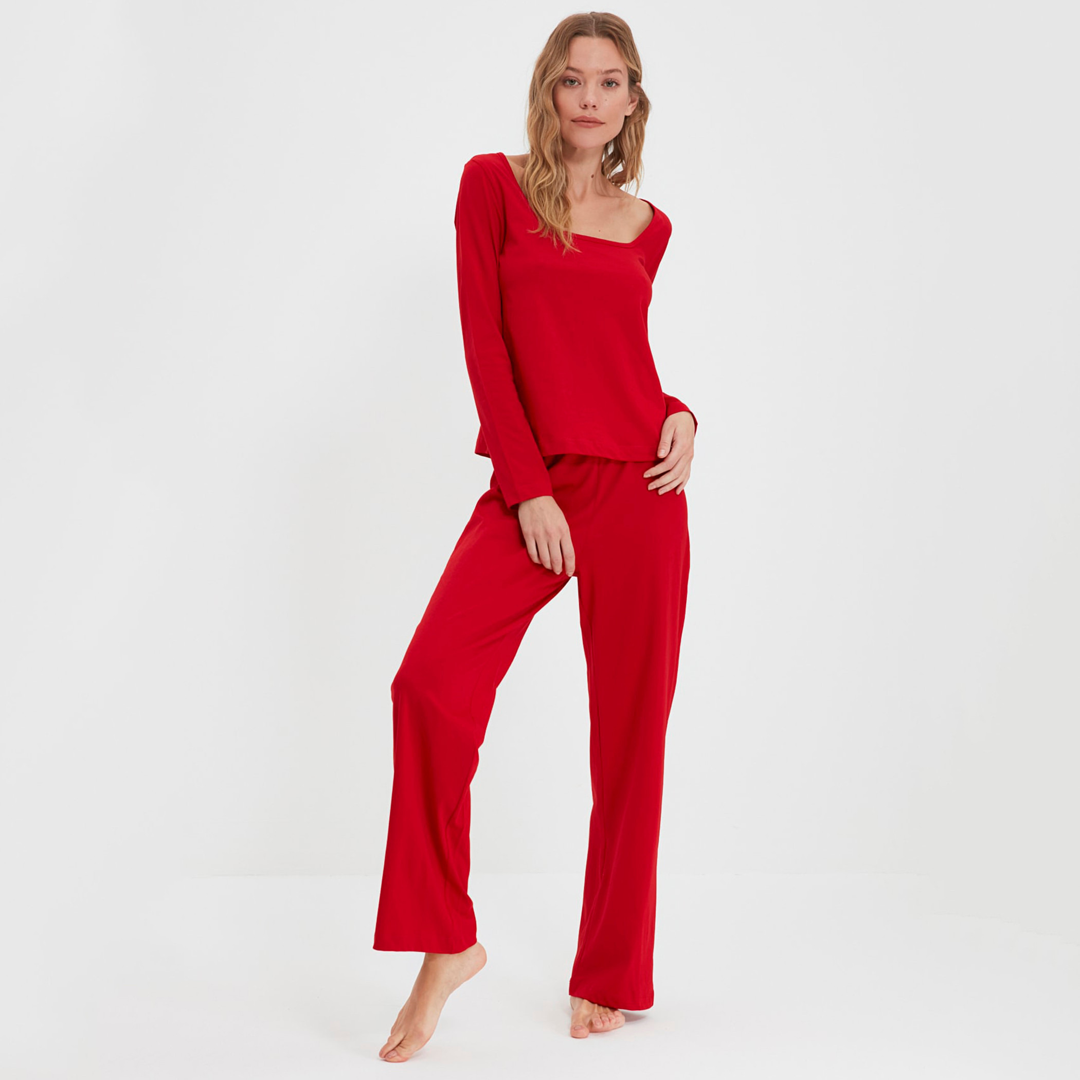 Trendyol Women Knitted Square Neck Top-Pyjama Set-women-clothing-nightwear-pyjamas-longsets-image-1