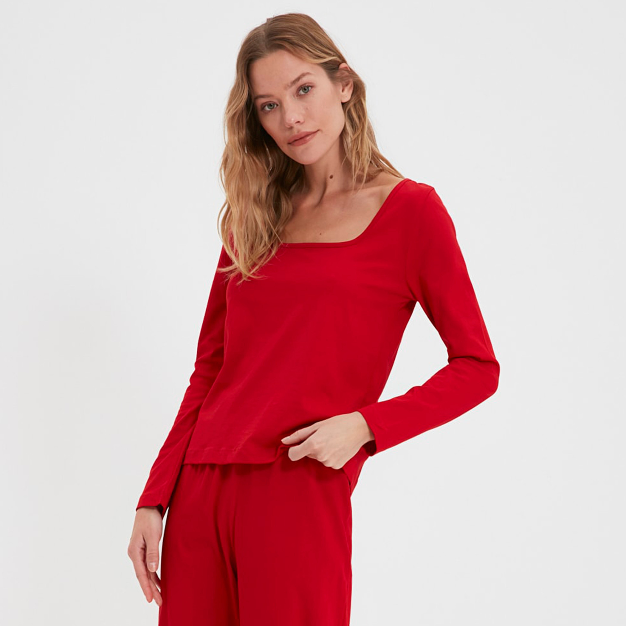 Trendyol Women Knitted Square Neck Top-Pyjama Set-women-clothing-nightwear-pyjamas-longsets-image-2