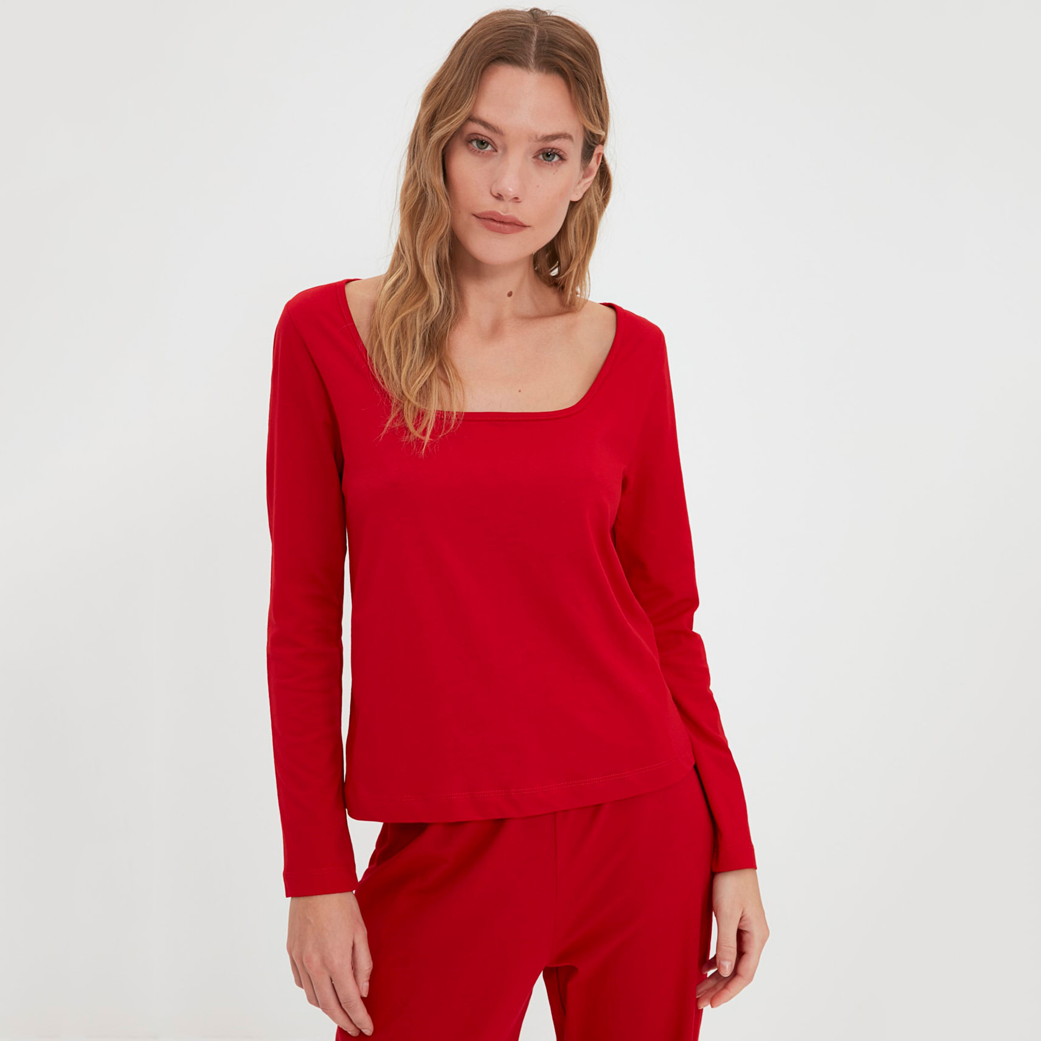 Trendyol Women Knitted Square Neck Top-Pyjama Set-women-clothing-nightwear-pyjamas-longsets-image-3