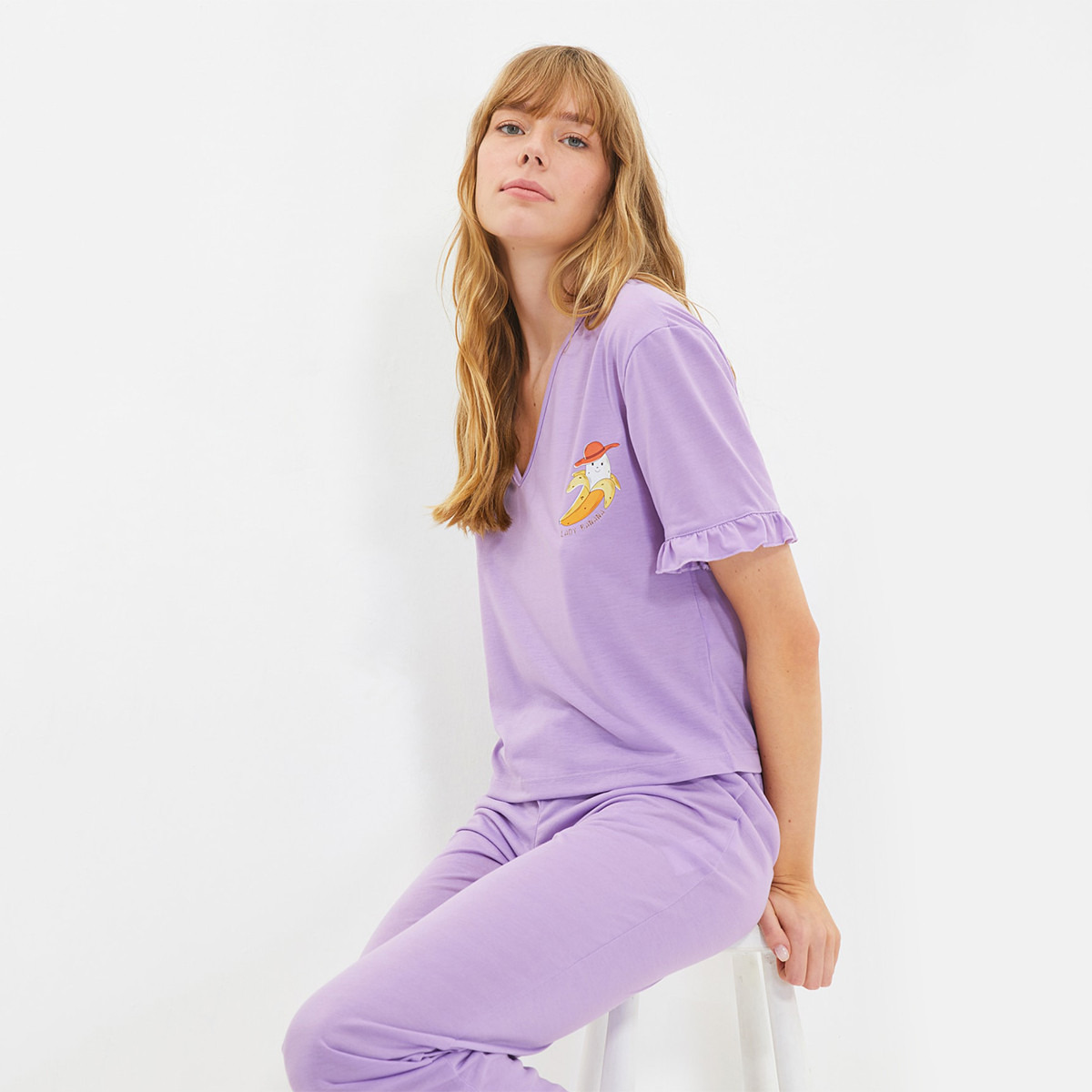 Set of 2 Trendyol Women Solid V-Neck Top with Pyjama-women-clothing-nightwear-pyjamas-longsets-image-1