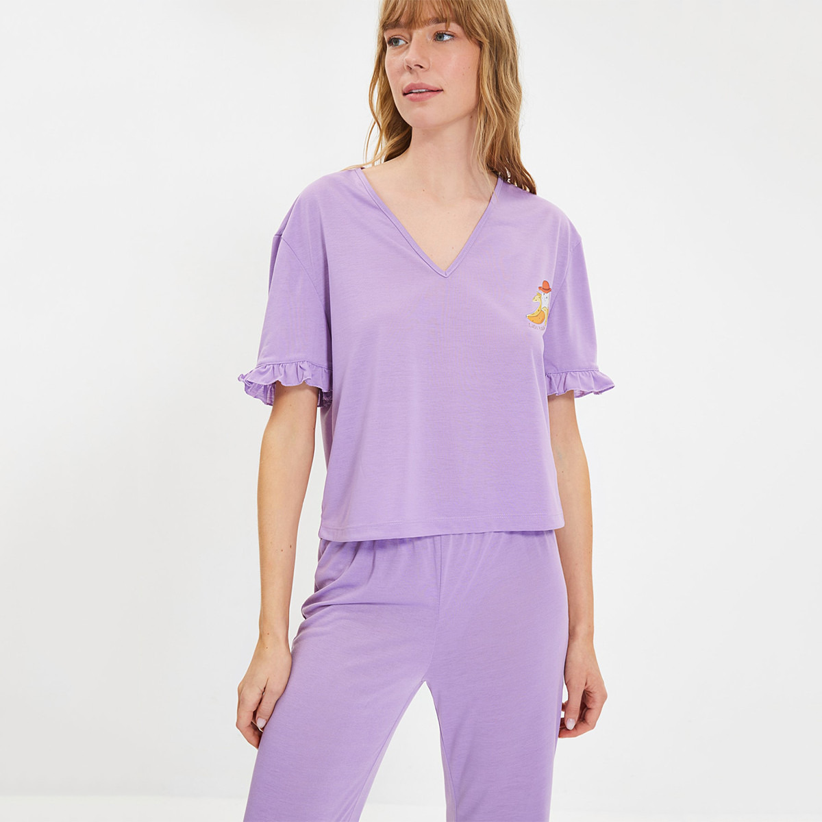Set of 2 Trendyol Women Solid V-Neck Top with Pyjama-women-clothing-nightwear-pyjamas-longsets-image-2