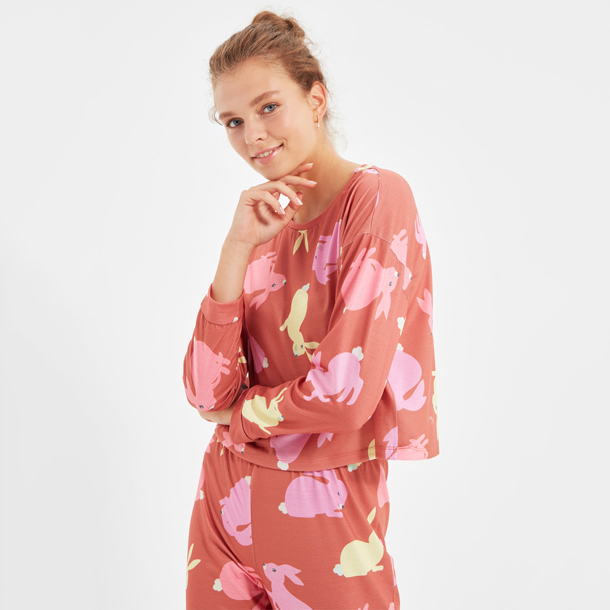 Set of 2 Trendyol Women Printed Crew Neck T-Shirt with Pyjama-women-clothing-nightwear-pyjamas-longsets-image-3