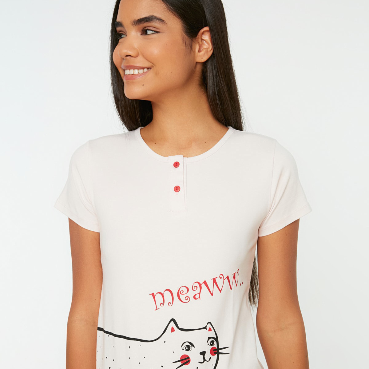 Trendyol Women Printed Henley Neck T-Shirt-Pyjama Set-women-clothing-nightwear-pyjamas-longsets-image-4