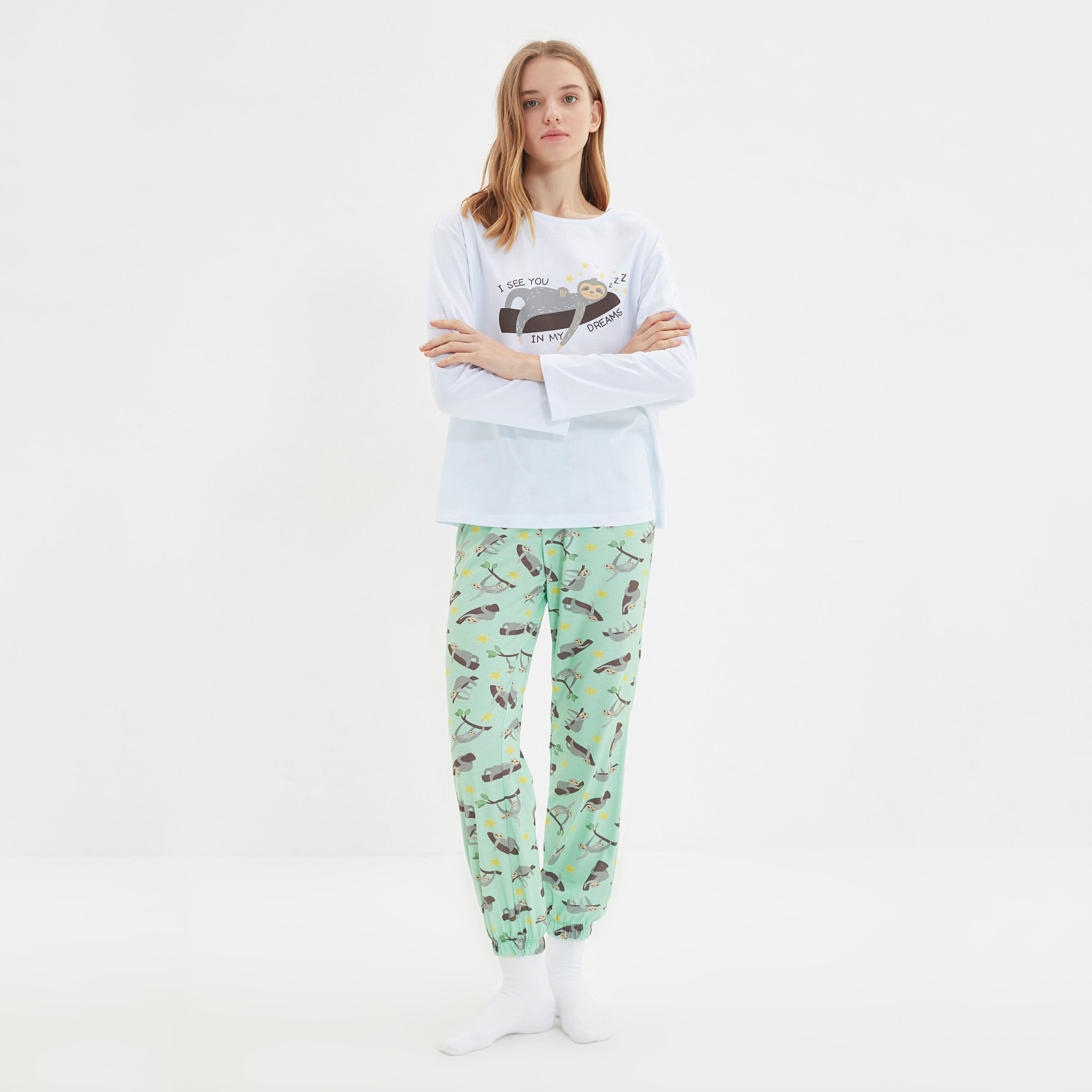 ترينديول أبيض لباس نوم-women-clothing-nightwear-pyjamas-longsets-image-2