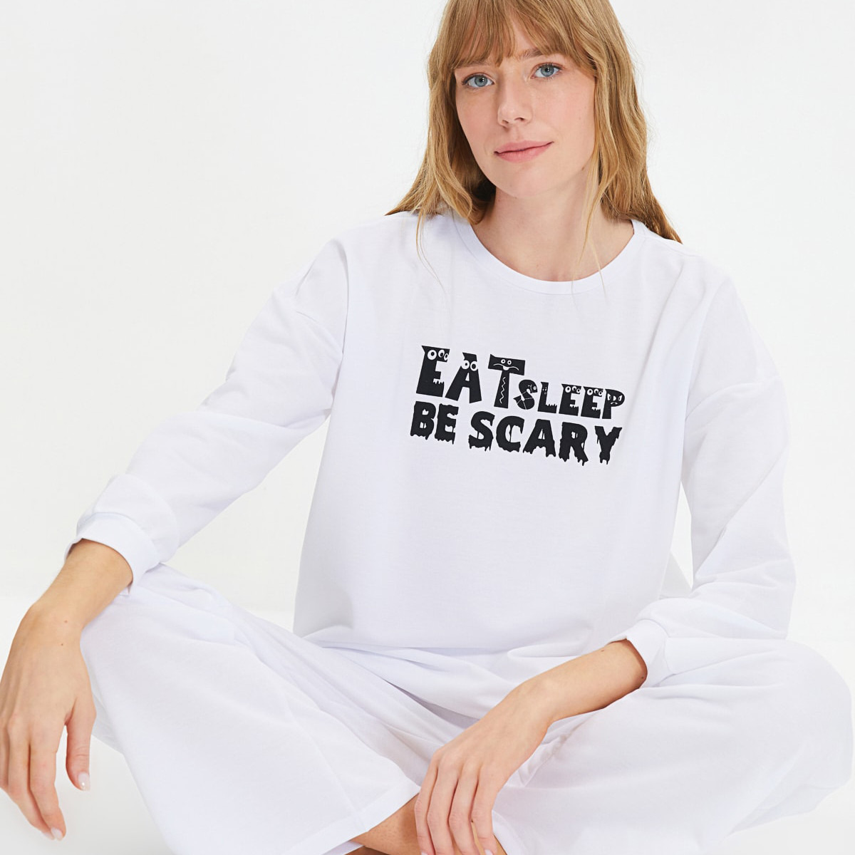 Set of 2 Trendyol Women Slogan Crew Neck Sweatshirt with Pyjama-women-clothing-nightwear-pyjamas-longsets-image-1