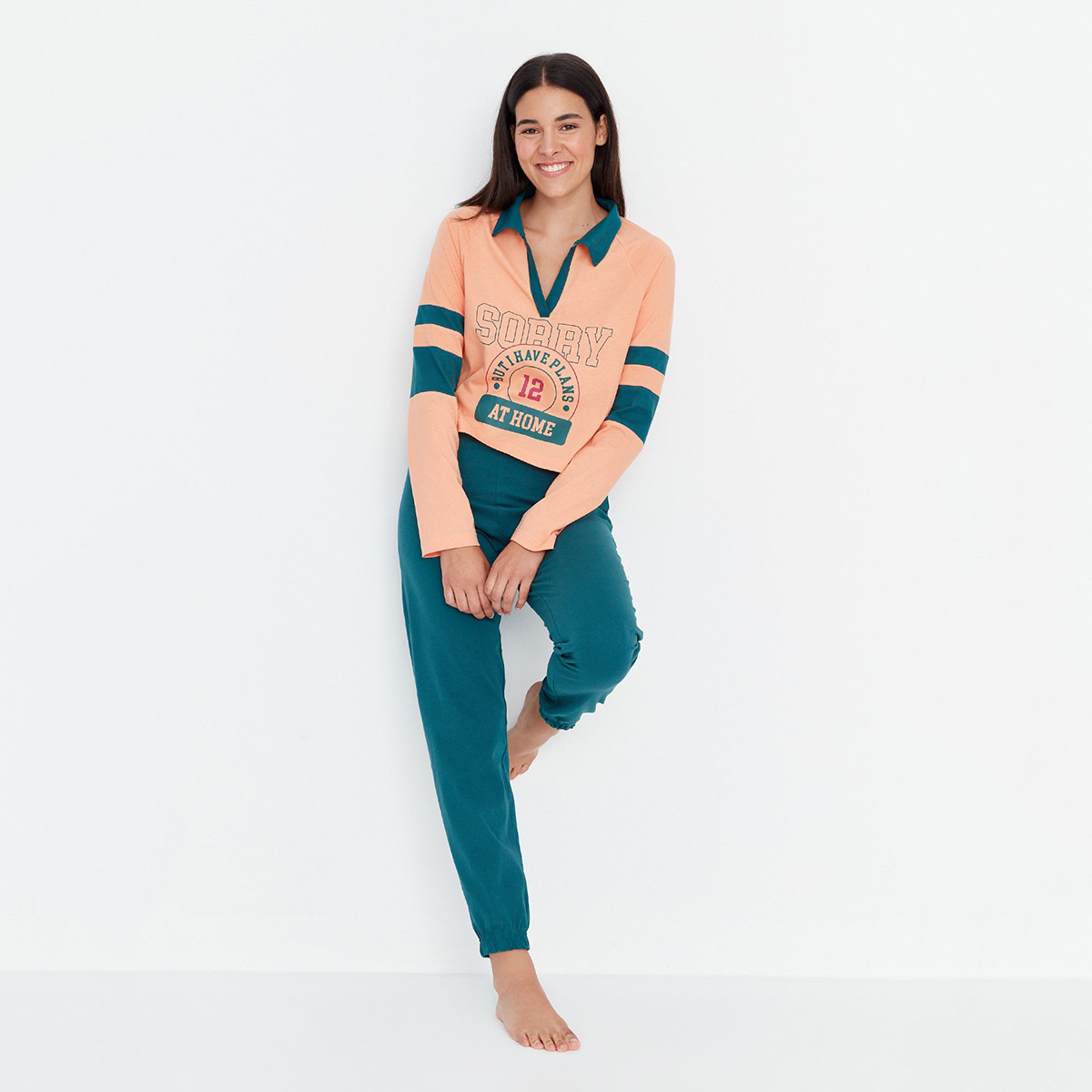 Trendyol Women Peach Printed Collared T-Shirt and Drawstring Pyjama Set-women-clothing-nightwear-pyjamas-longsets-image-1