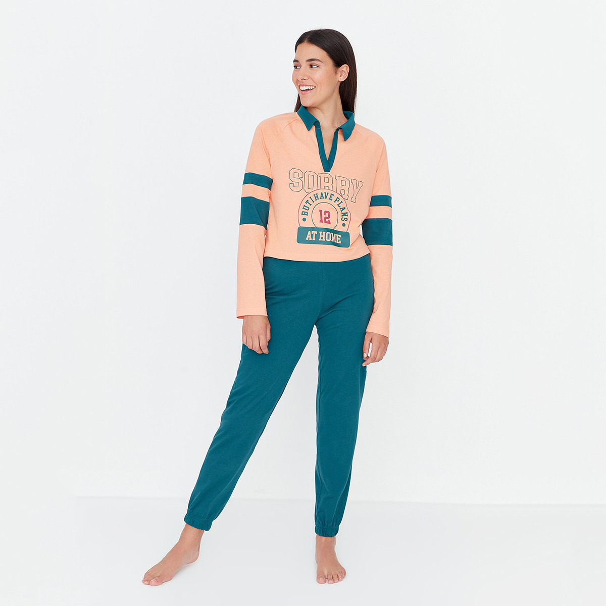 Trendyol Women Peach Printed Collared T-Shirt and Drawstring Pyjama Set-women-clothing-nightwear-pyjamas-longsets-image-3