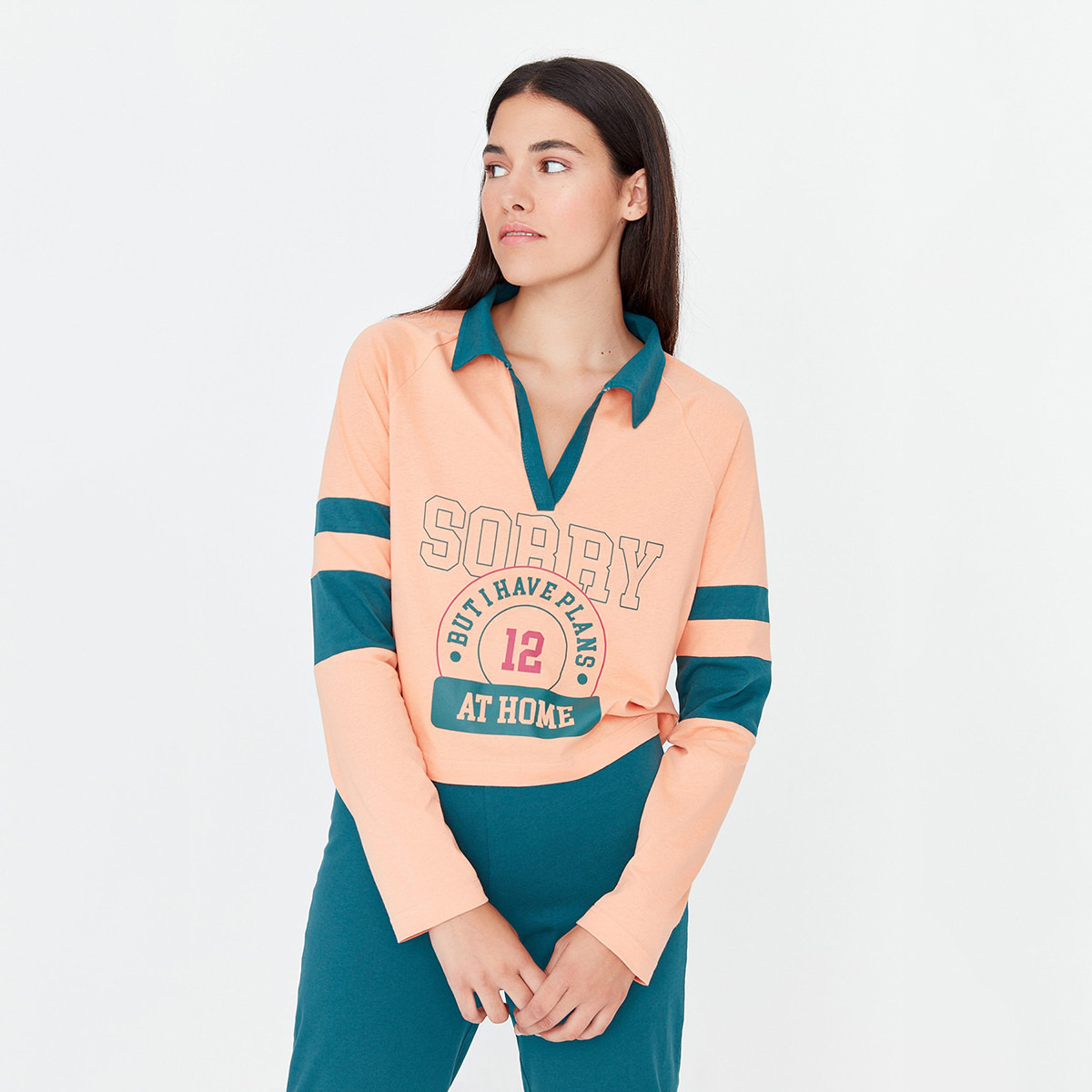 طقم تي شيرت وبيجامة برباط من ترينديول بياقة مطبوعة مع لون خَوخ للنساء-women-clothing-nightwear-pyjamas-longsets-image-6