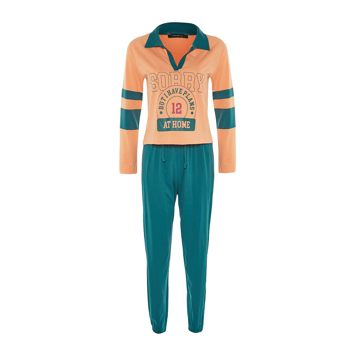 Trendyol Women Peach Printed Collared T-Shirt and Drawstring Pyjama Set-women-clothing-nightwear-pyjamas-longsets-image-7