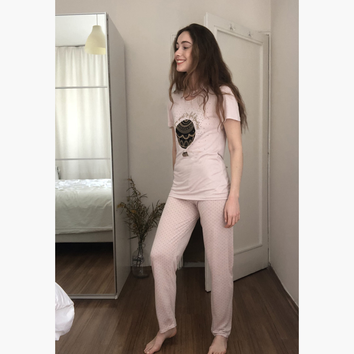Trendyol Round Neck Printed T-shirt with Pyjamas and Eye Cap-women-clothing-nightwear-pyjamas-longsets-image-2