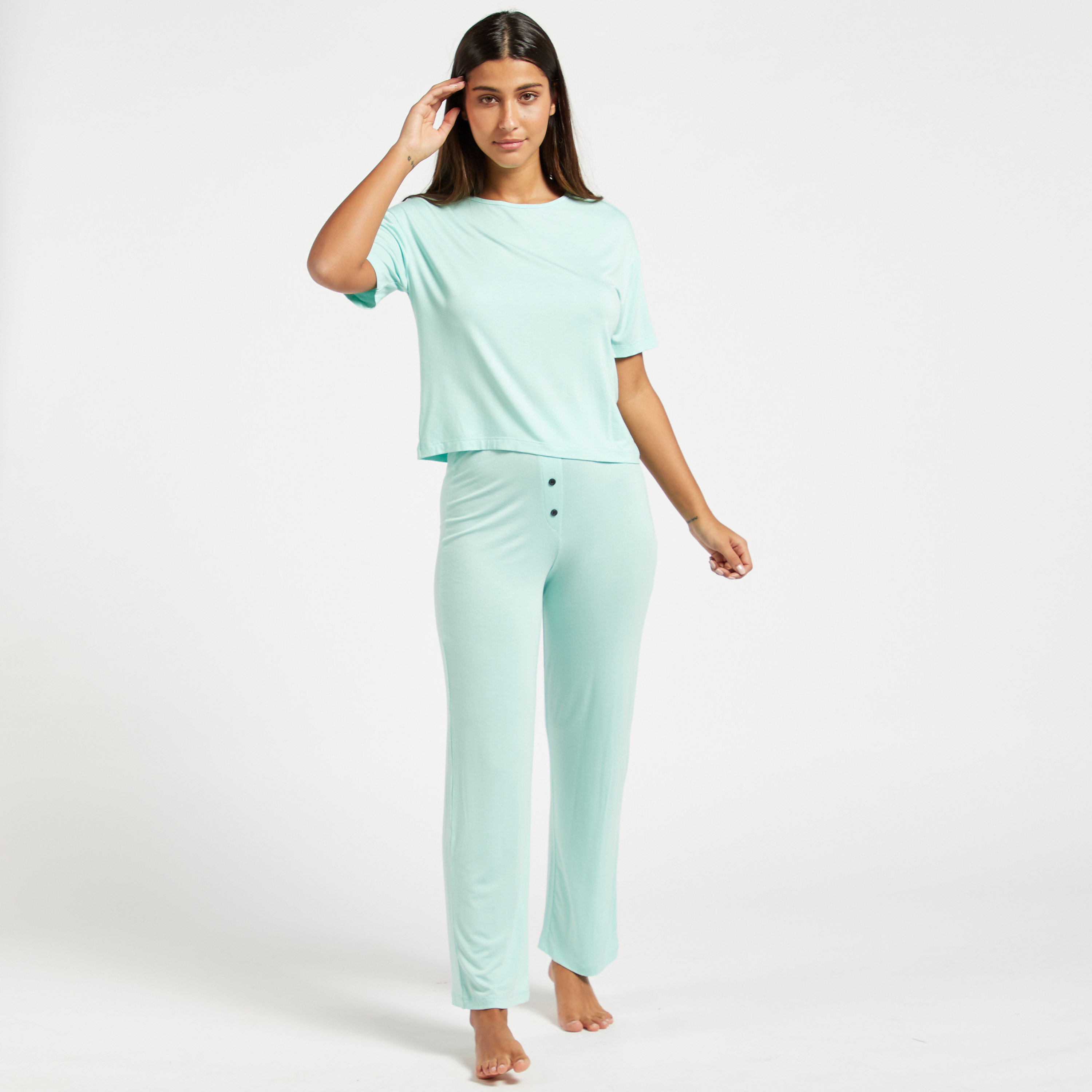 Trendyol Solid Round Neck T-shirt and Pyjama Set-women-clothing-nightwear-pyjamas-longsets-image-1