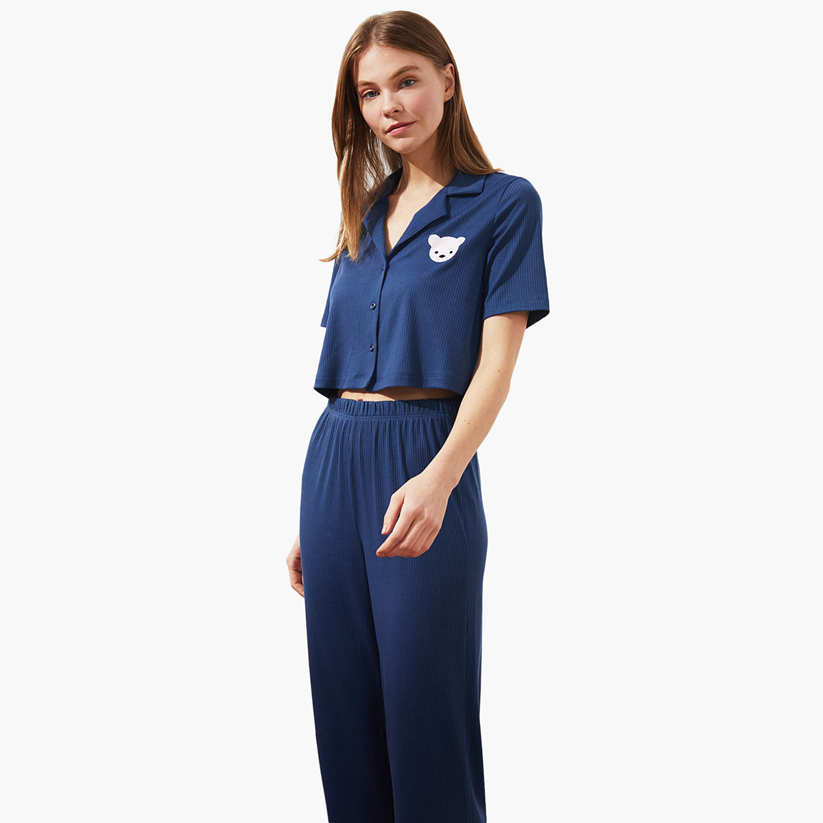 Trendyol Women Polyester Solid Blue Shirt And Pyjama Set-women-clothing-nightwear-pyjamas-longsets-image-2