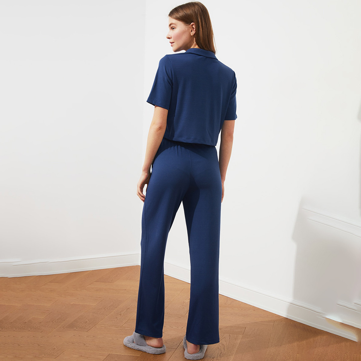 Trendyol Women Polyester Solid Blue Shirt And Pyjama Set-women-clothing-nightwear-pyjamas-longsets-image-5