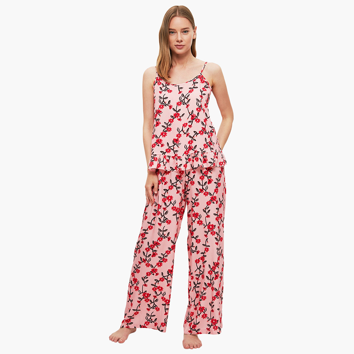 Trendyol Women Cotton Printed Pink Top And Pyjama Set-women-clothing-nightwear-pyjamas-longsets-image-1