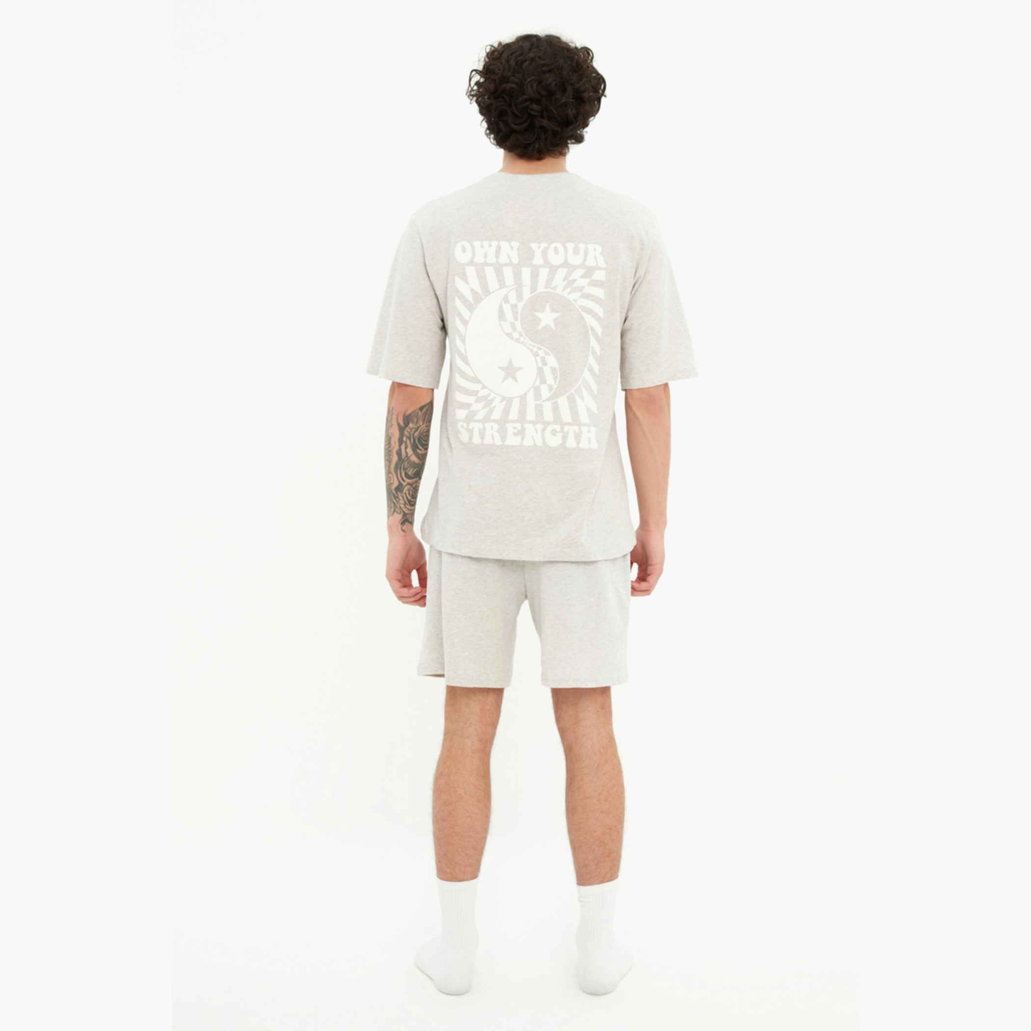 Trendyol Unisex Printed Grey Crew Neck T-Shirt and Shorts Set-men-clothing-nightwear-sets-image-2