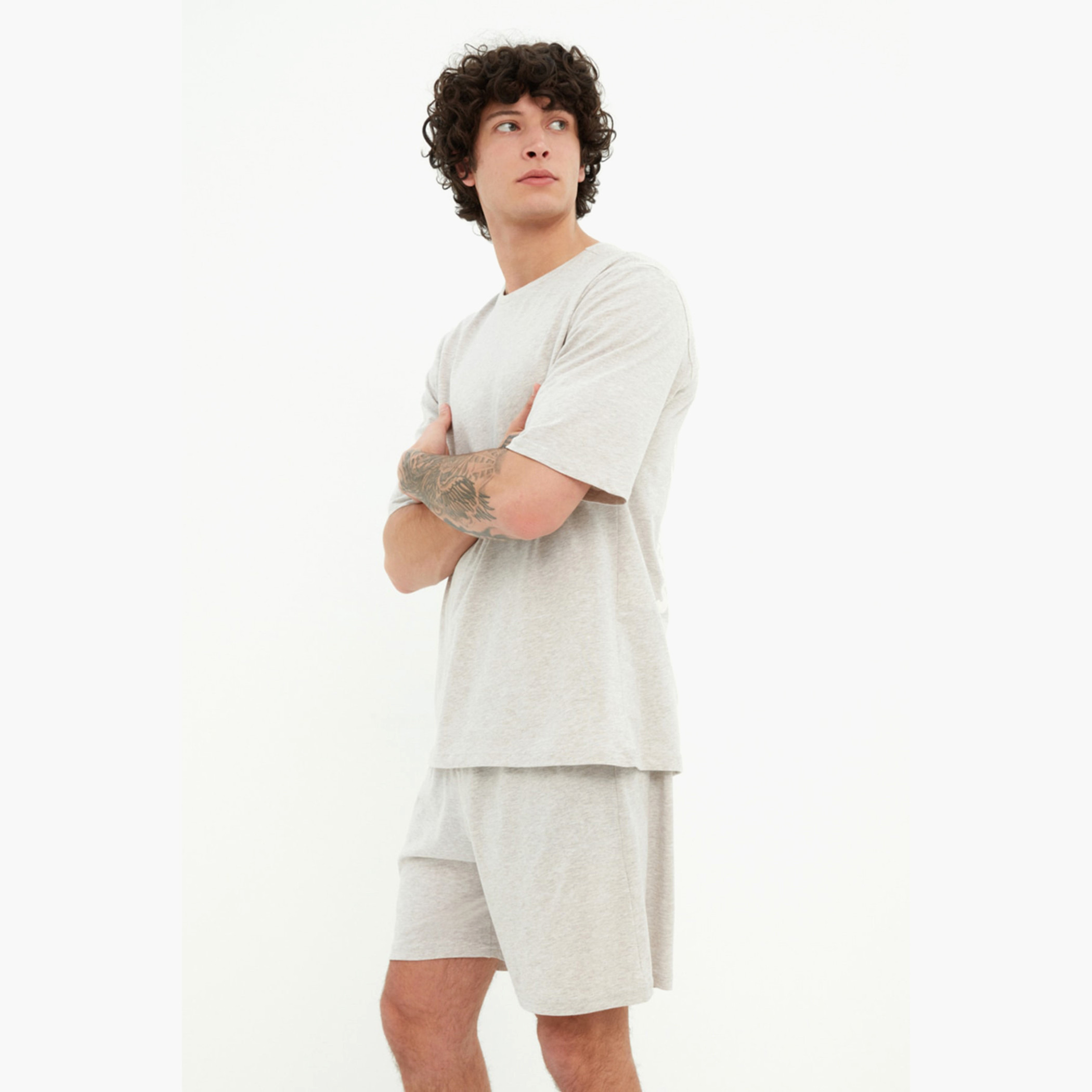 Trendyol Unisex Printed Grey Crew Neck T-Shirt and Shorts Set-men-clothing-nightwear-sets-image-3