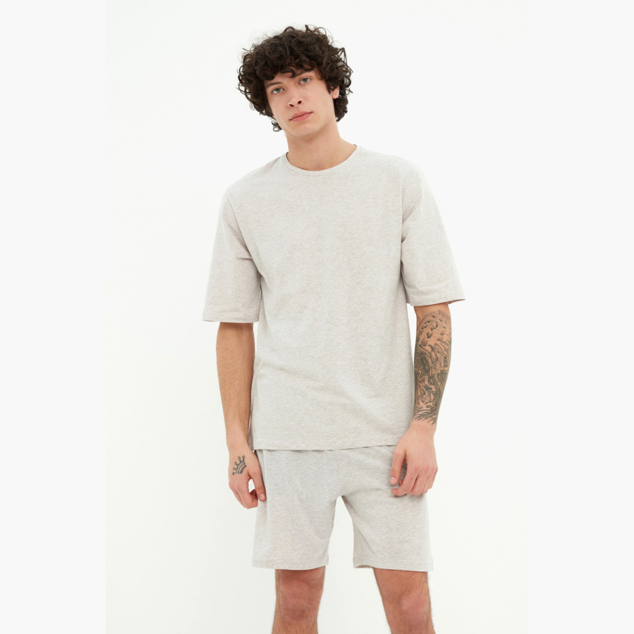 Trendyol Unisex Printed Grey Crew Neck T-Shirt and Shorts Set-men-clothing-nightwear-sets-image-4