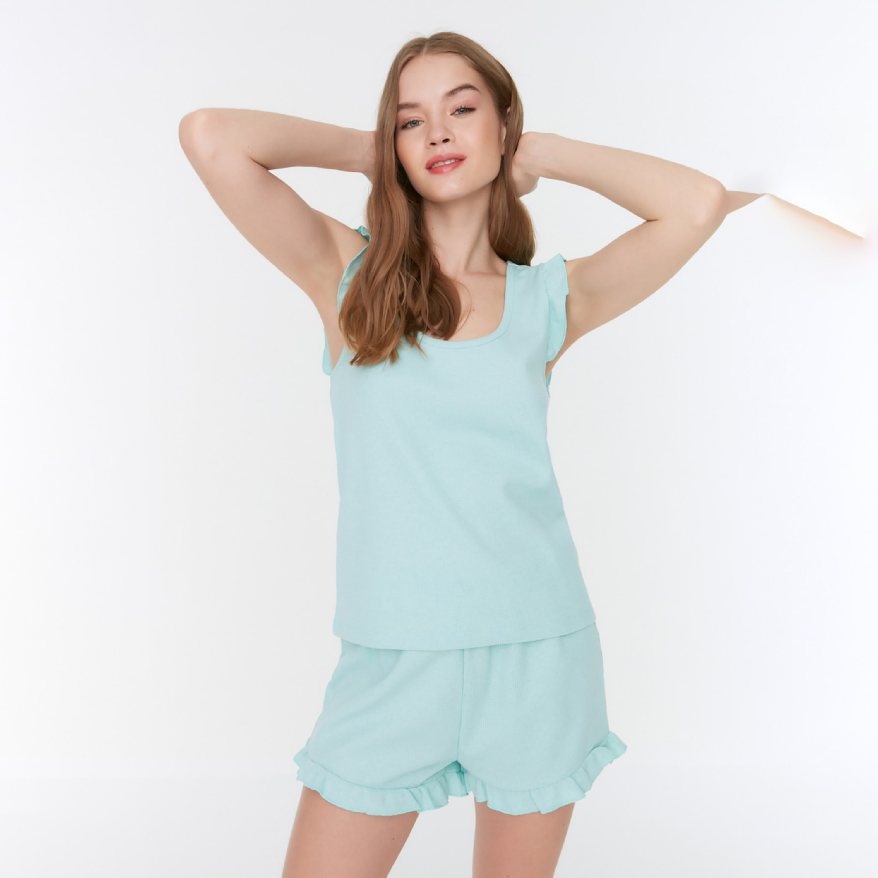 مجموعة توب و شورتس بدون أكمام من ترينديول نسائية خضراء سادة-women-clothing-nightwear-pyjamas-longsets-image-1