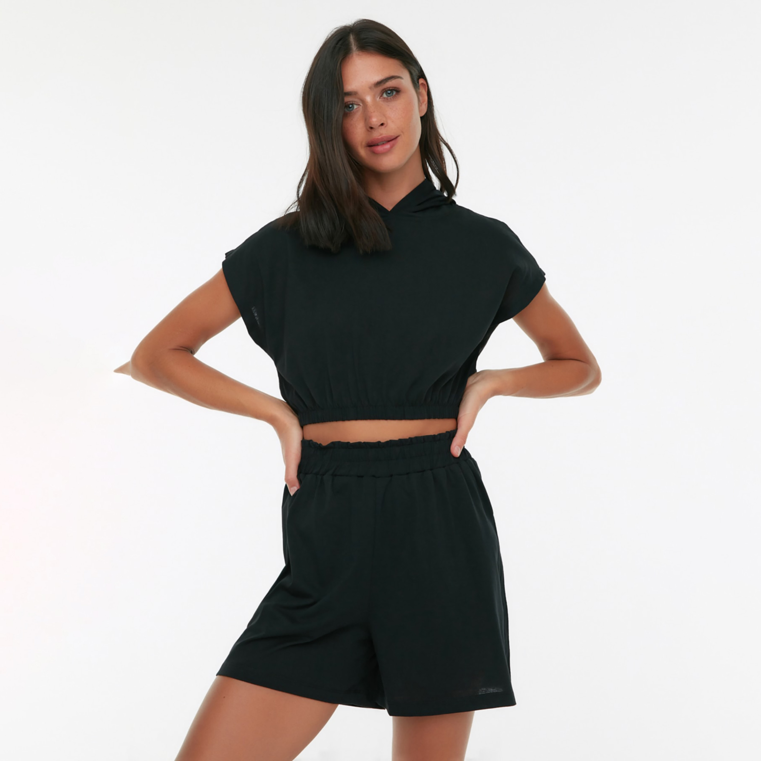 طقم هودي قصير وشورتس من ترينديول سادة مع لون بيج للنساء-sports-women-clothing-trackpantsandtracksuits-image-6