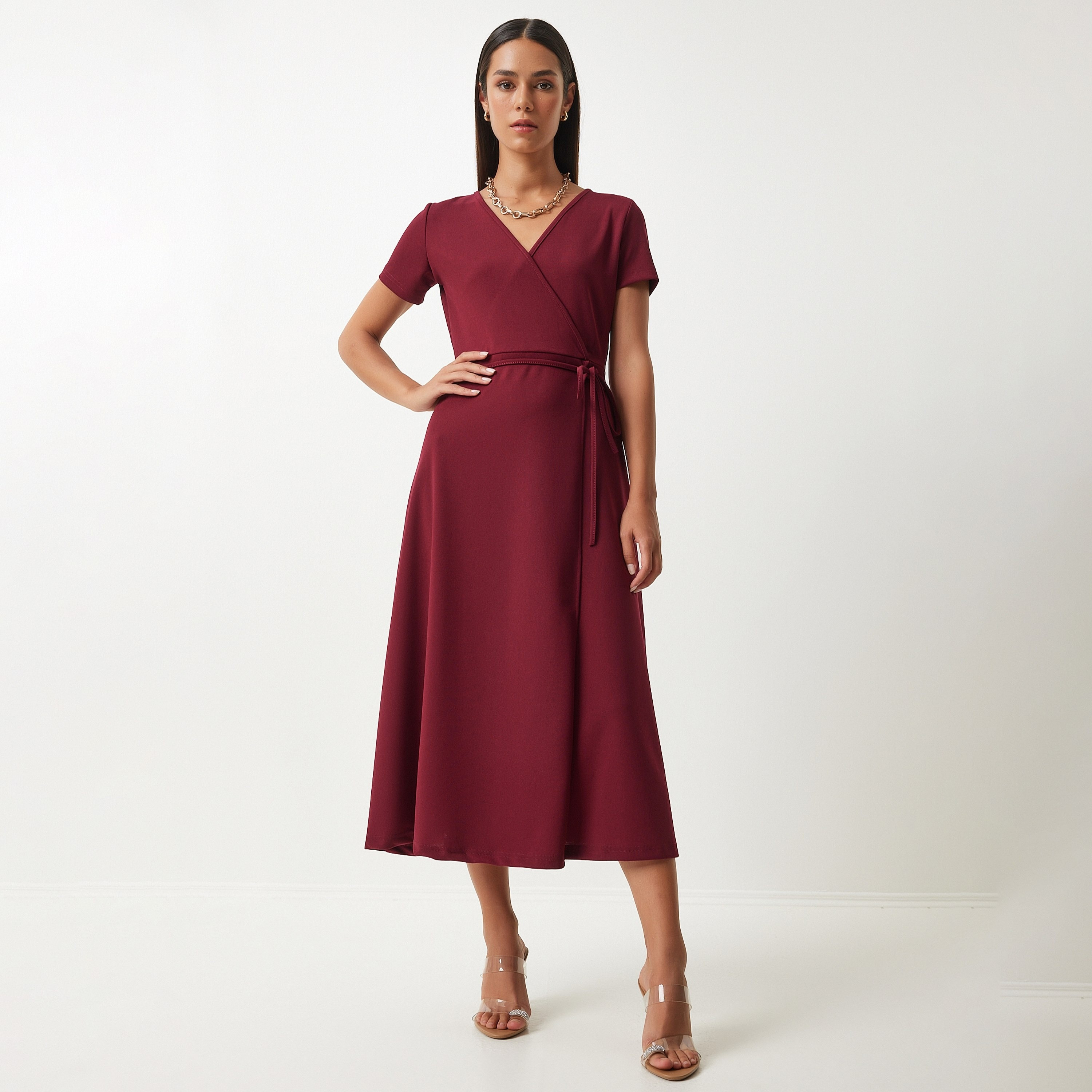 Happiness Istanbul Wrap Burgundy Women's Midi Dress-women-clothing-dresses-image-1