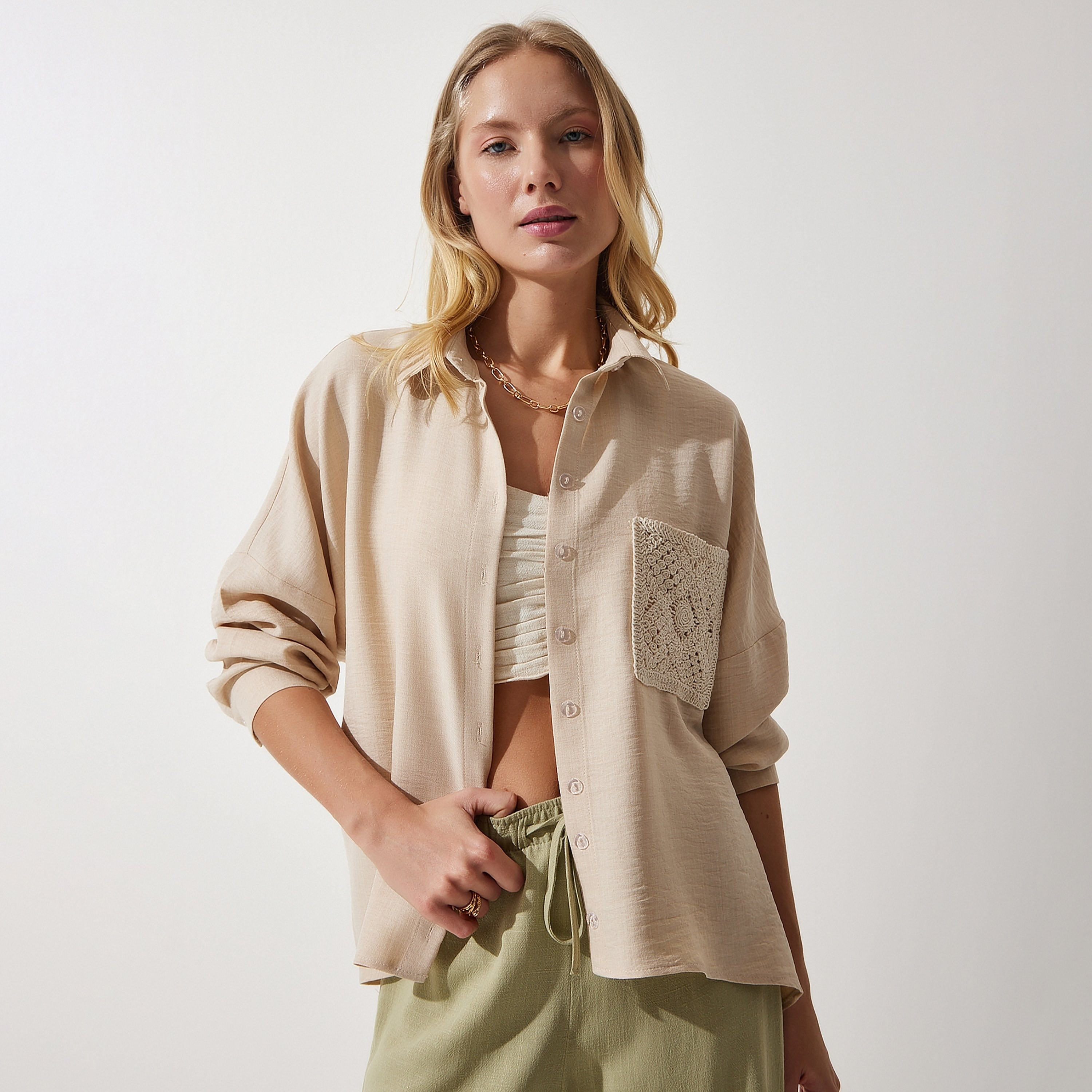 Happiness Istanbul Crochet Lace Linen Collared Dropped Sleeves Women's Shirt-women-clothing-shirtsandblouses-shirts-image-1