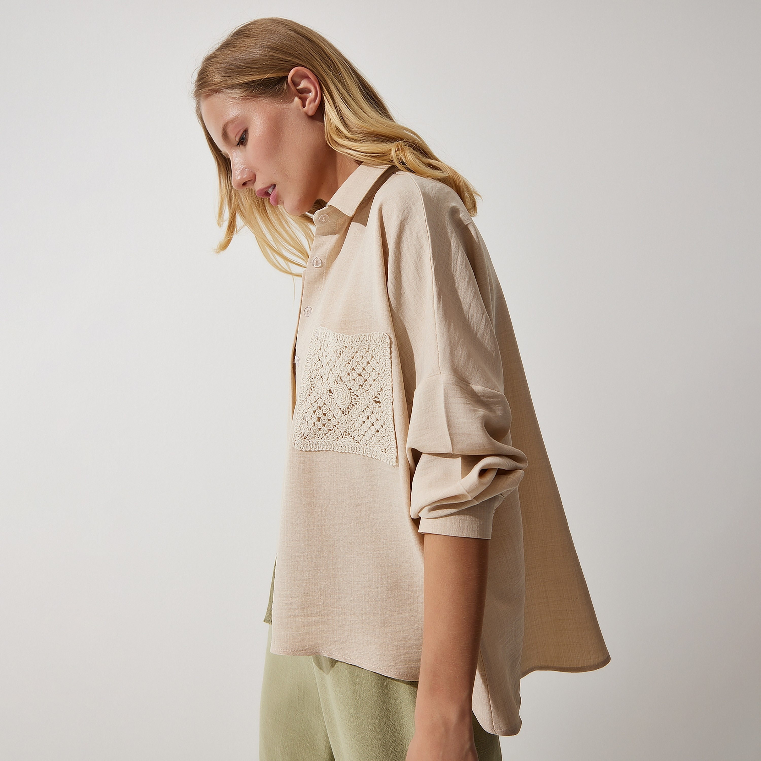 Happiness Istanbul Crochet Lace Linen Collared Dropped Sleeves Women's Shirt-women-clothing-shirtsandblouses-shirts-image-2
