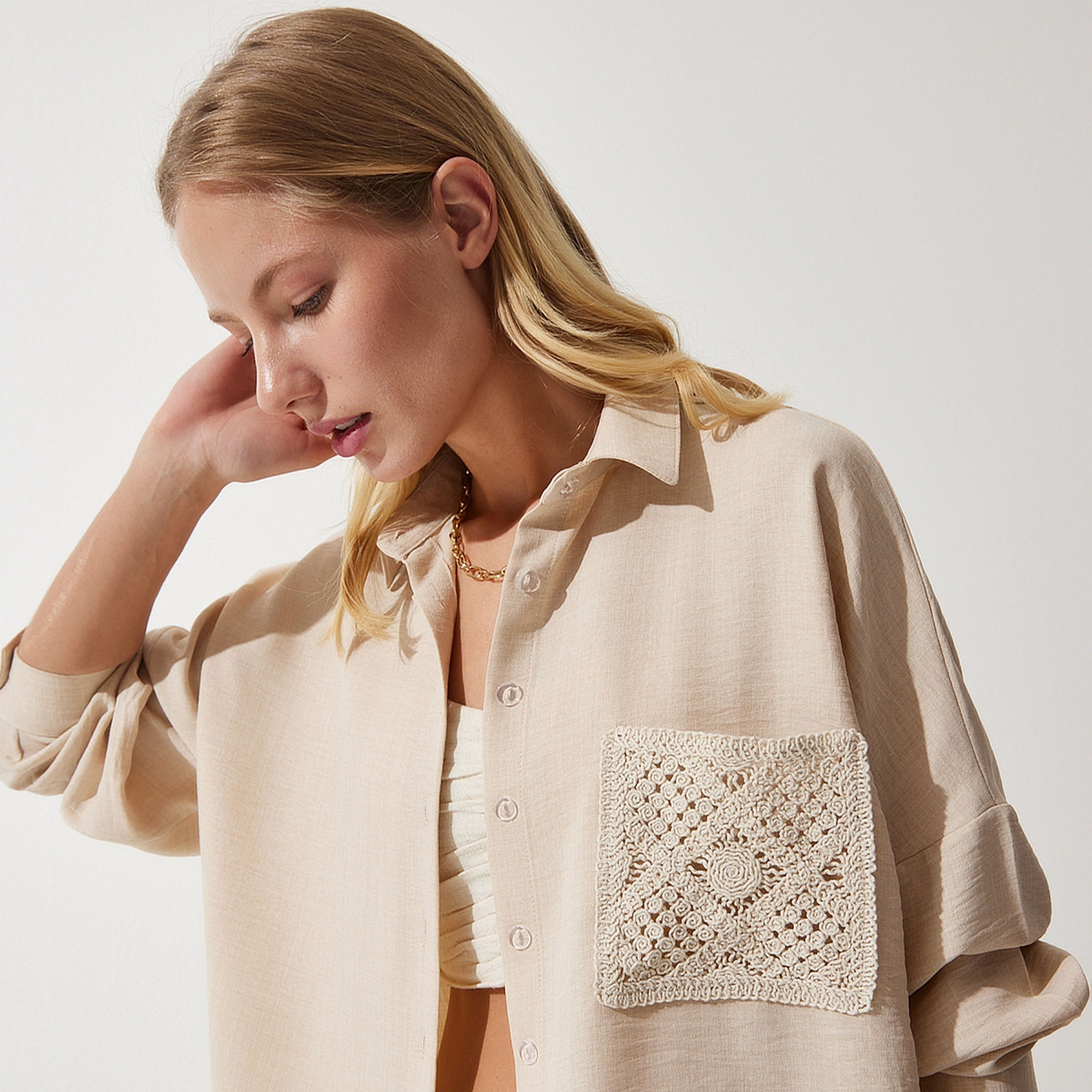 Happiness Istanbul Crochet Lace Linen Collared Dropped Sleeves Women's Shirt-women-clothing-shirtsandblouses-shirts-image-4