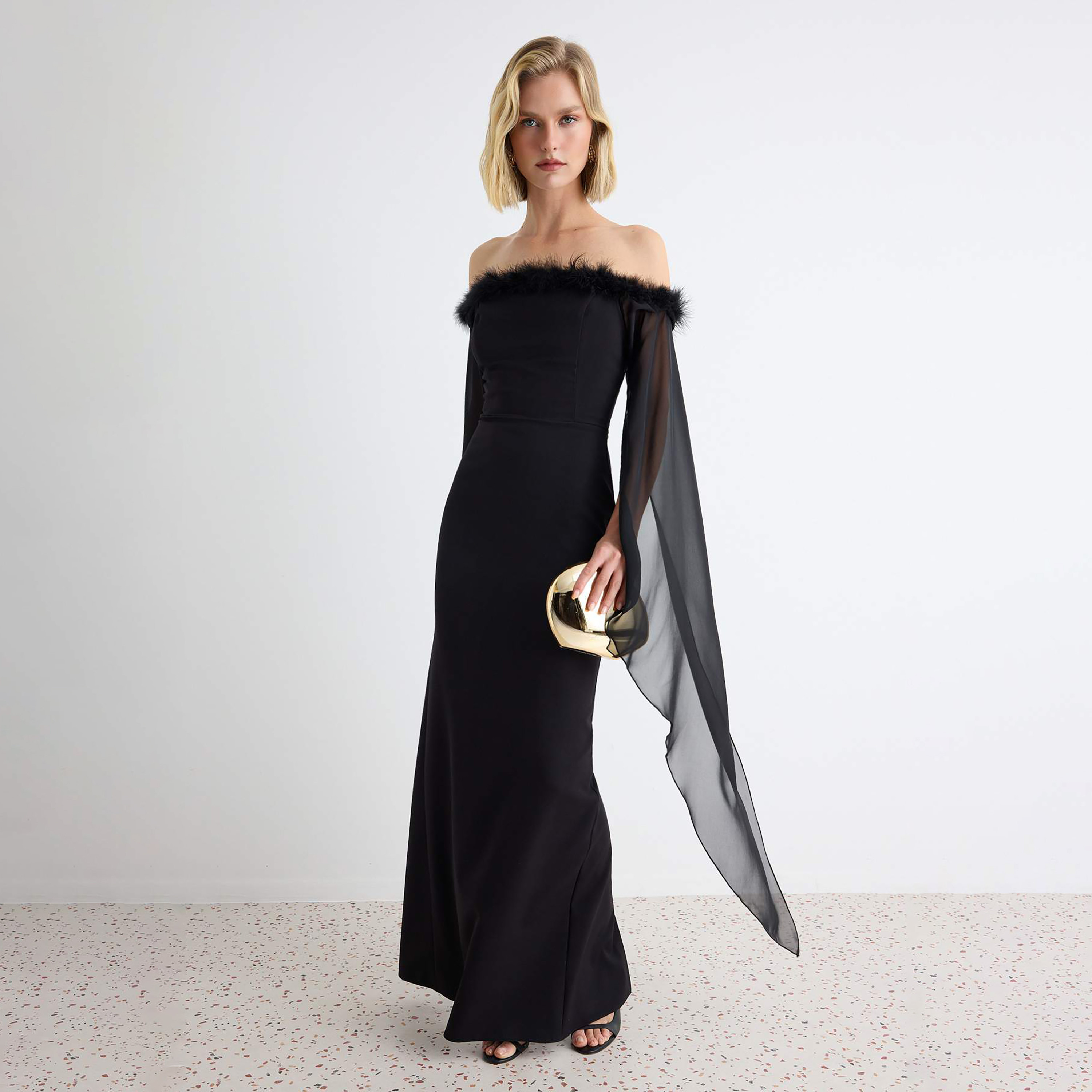 Black Fur-Trim Off-Shoulder Sheer Cape Sleeves Column Evening Women's Maxi Dress-women-clothing-dresses-image-1