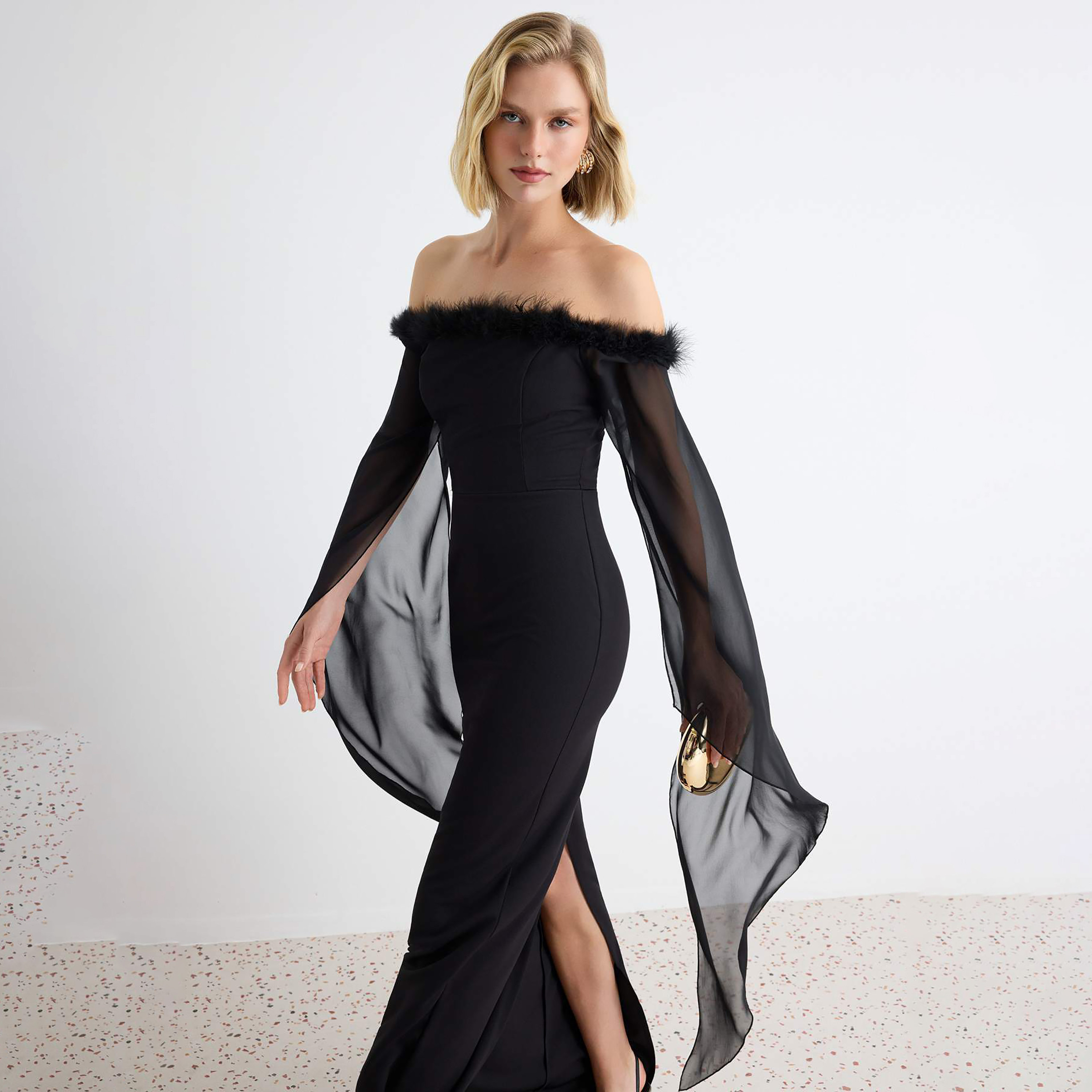 Black Fur-Trim Off-Shoulder Sheer Cape Sleeves Column Evening Women's Maxi Dress-women-clothing-dresses-image-2