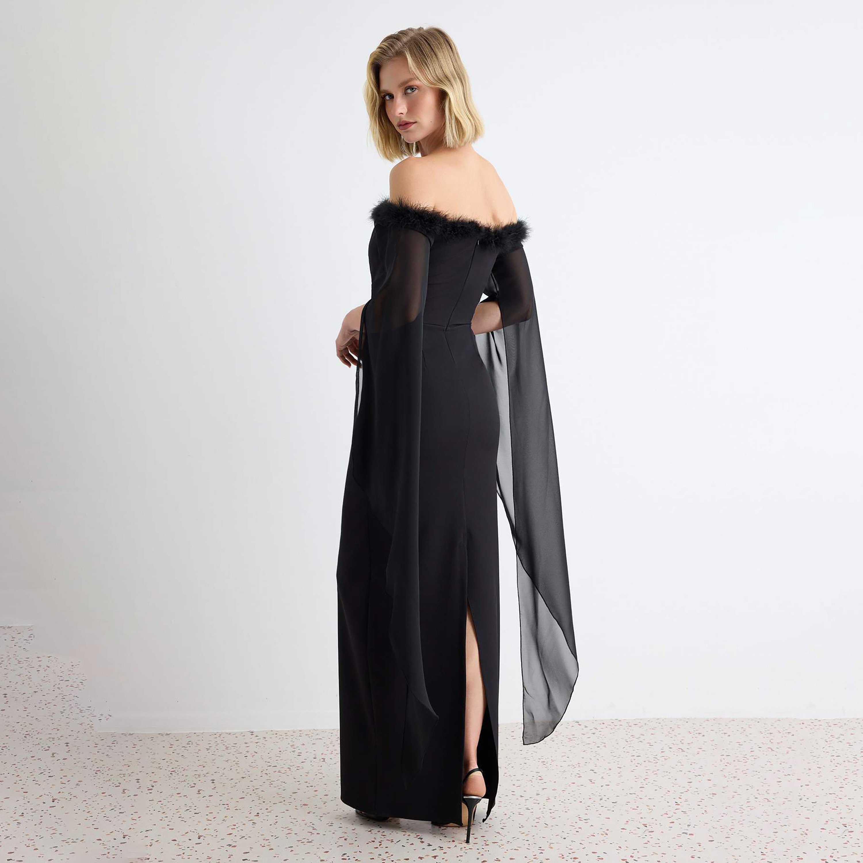 Black Fur-Trim Off-Shoulder Sheer Cape Sleeves Column Evening Women's Maxi Dress-women-clothing-dresses-image-4